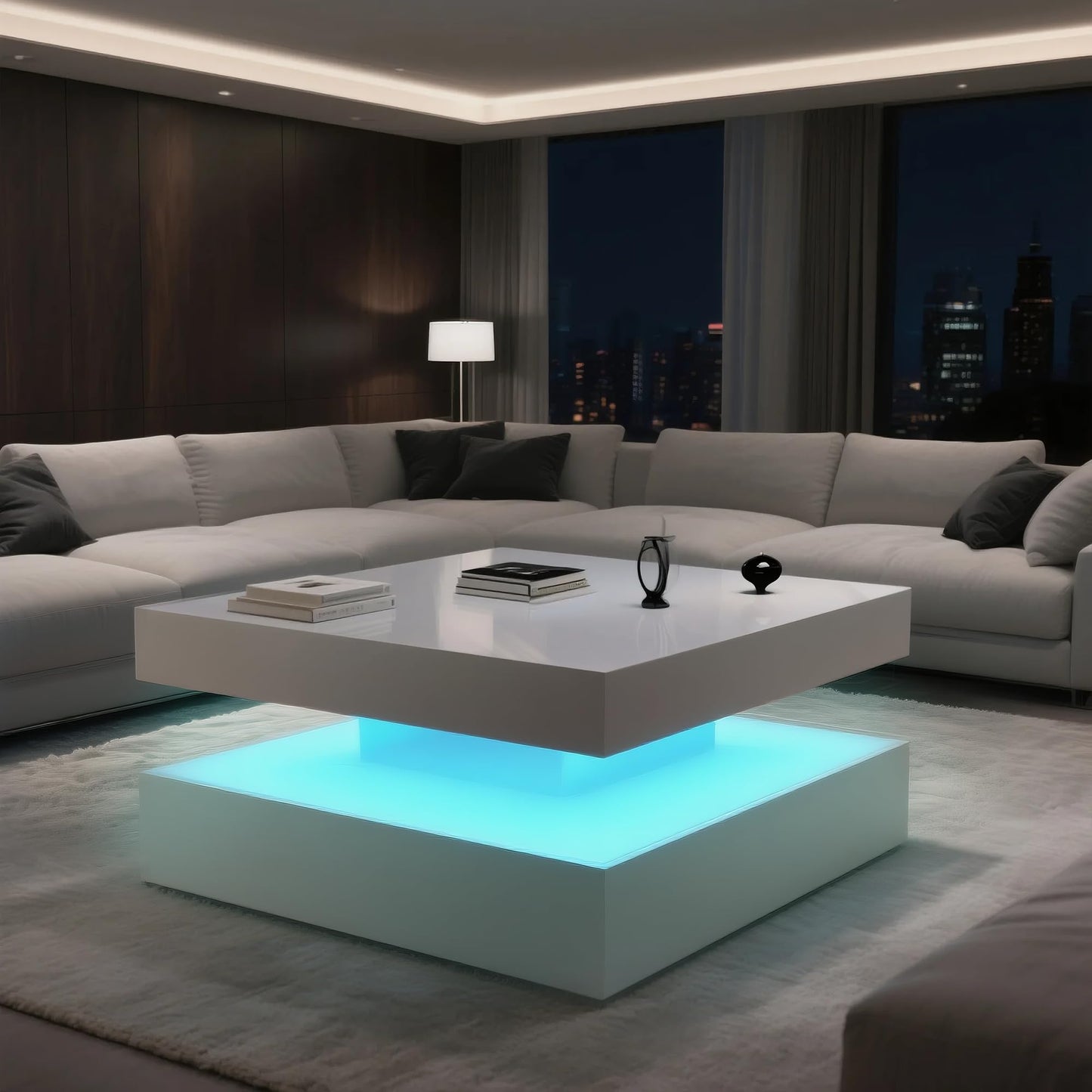 LED Coffee Table for Living Room, 2-Tier Modern Square Center Table with Music Sync Lights, High Gloss Surface, 30.75" x 30.75" (White)