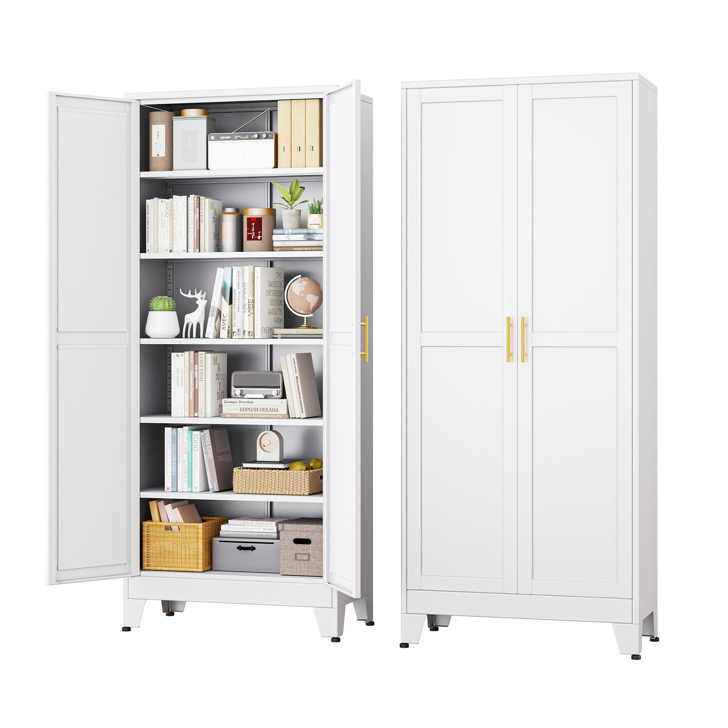 RISTERN White Metal Storage Cabinet,75" Steel Cabinets for Home Office, Kitchen Pantry Storage Cabinet with Doors and 5 Adjustable Shelves, Tool Cabinets, for Office, Home, Garage, School