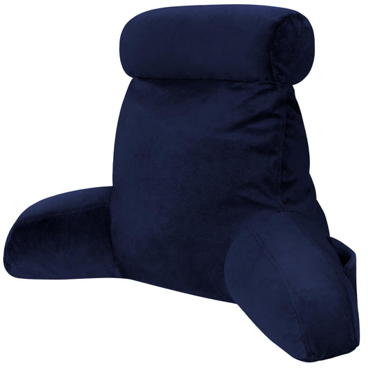 COOLBEBE Reading Pillow for Bed Backrest Pillow for Bed Sitting Up Adult with Arms Navy Back Support Pillow with Headrest & Pockets, Removable Washable Cover and Detachable Neck Roll(Standard 18")
