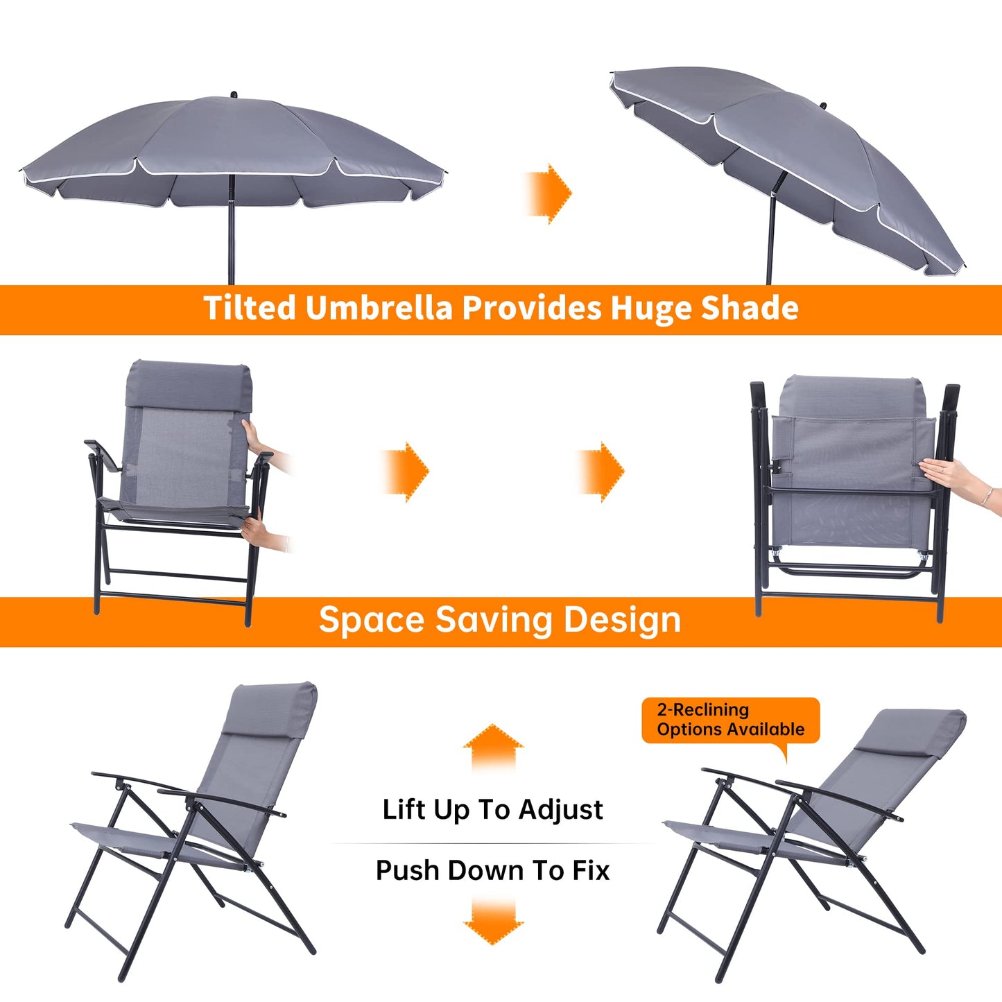 JOYTIO 4 Piece Patio Dining Set, Outdoor Garden Furniture Bistro Set with Tilted Removable Umbrella, 2 Folding Chairs, and Round Glass Table (Grey)