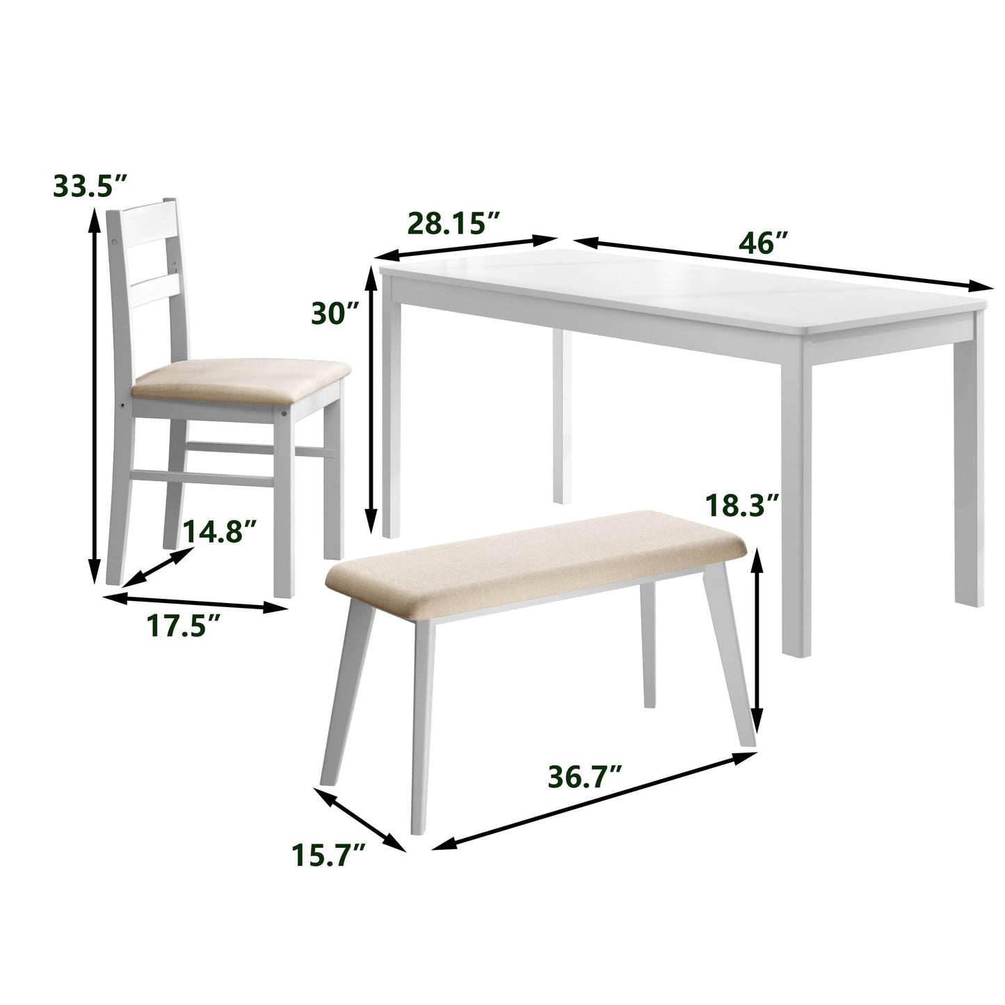 Orweiin 4-Piece Solid Wood Indoor Modern Rectangular Dining Table Set for 4 with Chairs and Bench,Table and Chairs Set with Soft Cushions for Kitchen,Bar,Living Room,Breakfast Nook,White
