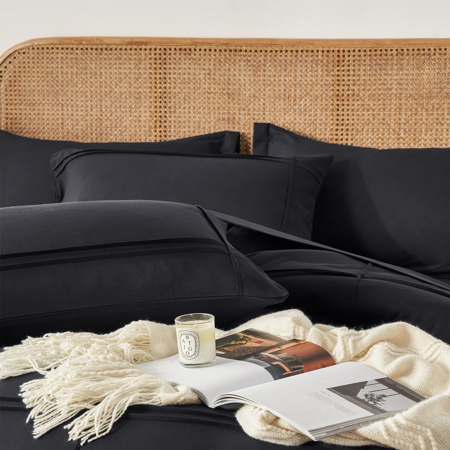 Yogeneg Twin Comforter Set 5 Piece Bed in a Bag,Grid Pinch Pleat Black Twin Bedding Set,Striped Textured Soft Microfiber Comforter with Sheet Set,All Season Complete Bed Set(Black,Twin)