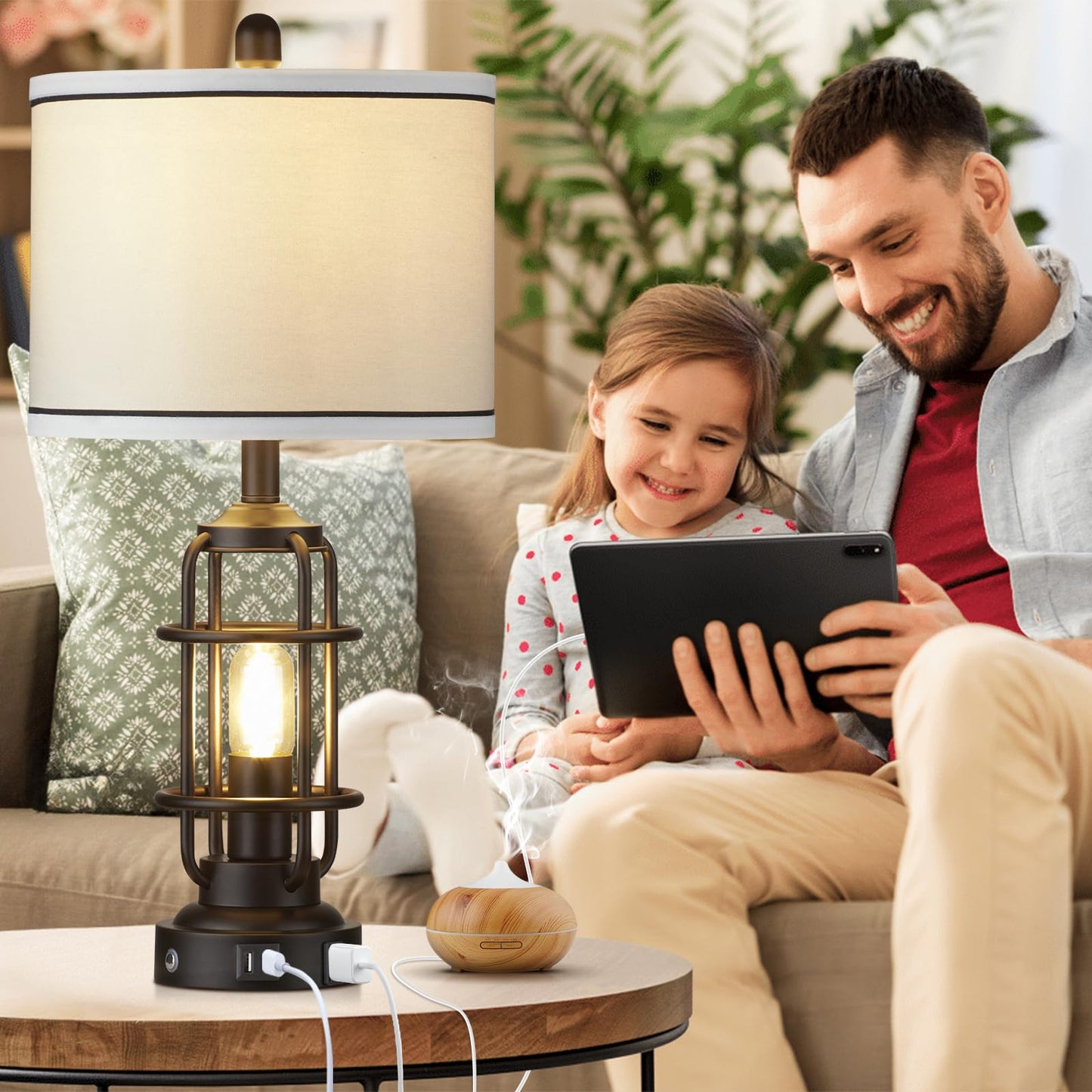 Modern Table Lamps, Industrial 3-Way Dimmable Bedside Lamp with USB A+C Ports & AC Outlet, Touch Control Rustic Nightstand Lamp LED Night Light for Living Room Bedroom Decor Home(4 Bulbs Included)