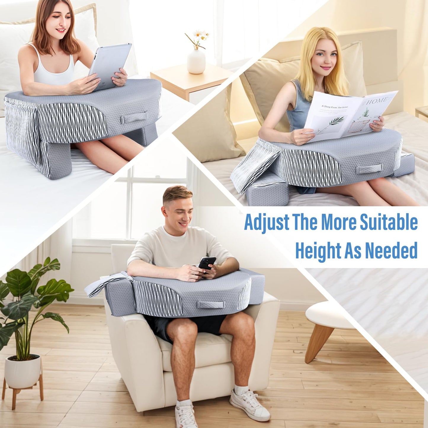 LEBENGURU Reading Pillow for Laptop, Extra Large Armrest Gaming Pillow for Working, Hight Adjustable Lap Desk Pillow for Adult Sitting in Bed, Floor, Sofa（Stripe and Grey）