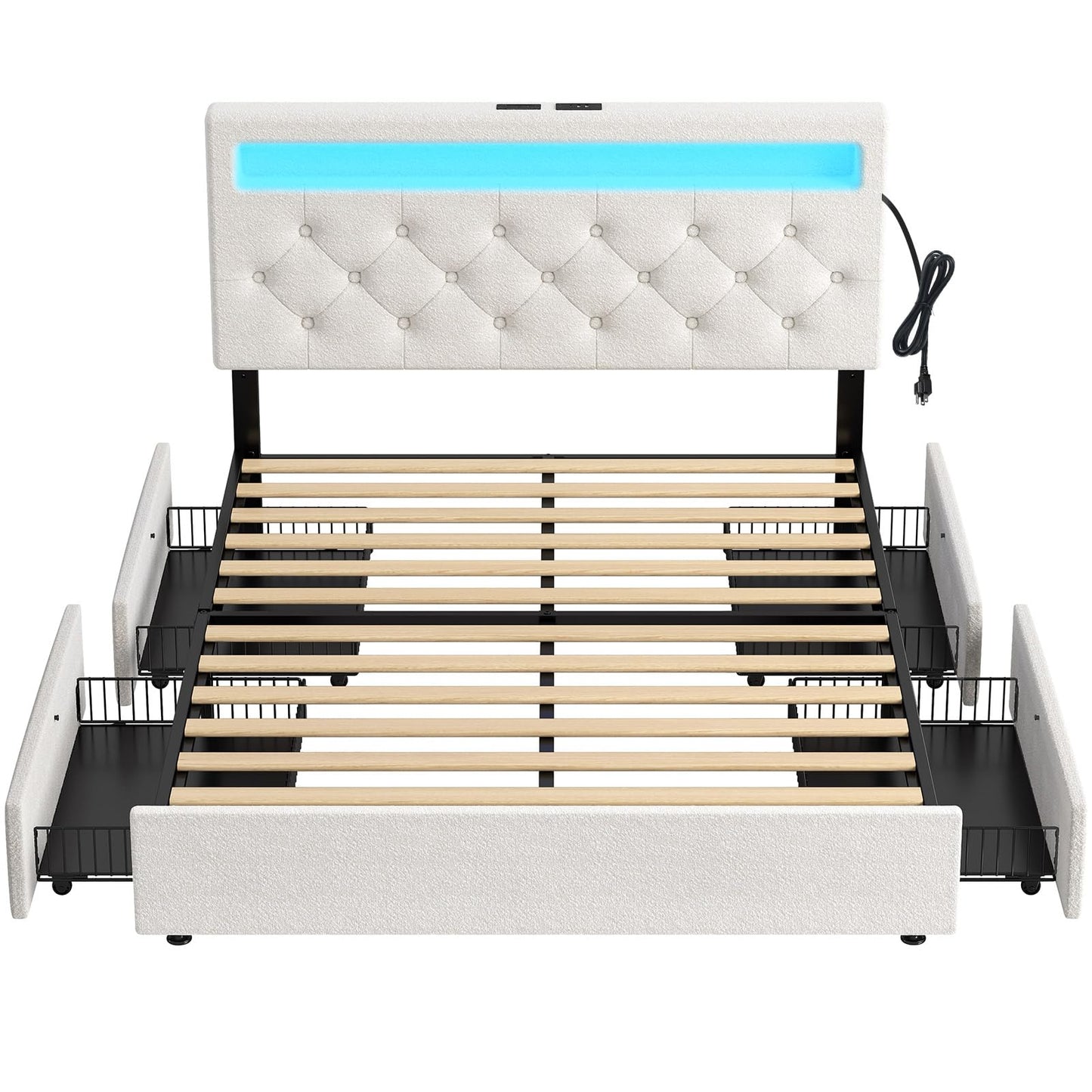 Rolanstar Full Size Bed Frame with Charging Station and LED Lights, Upholstered Bed with Adjustable Headboard and 4 Storage Drawers, No Box Spring Needed, Easy Assembly, White