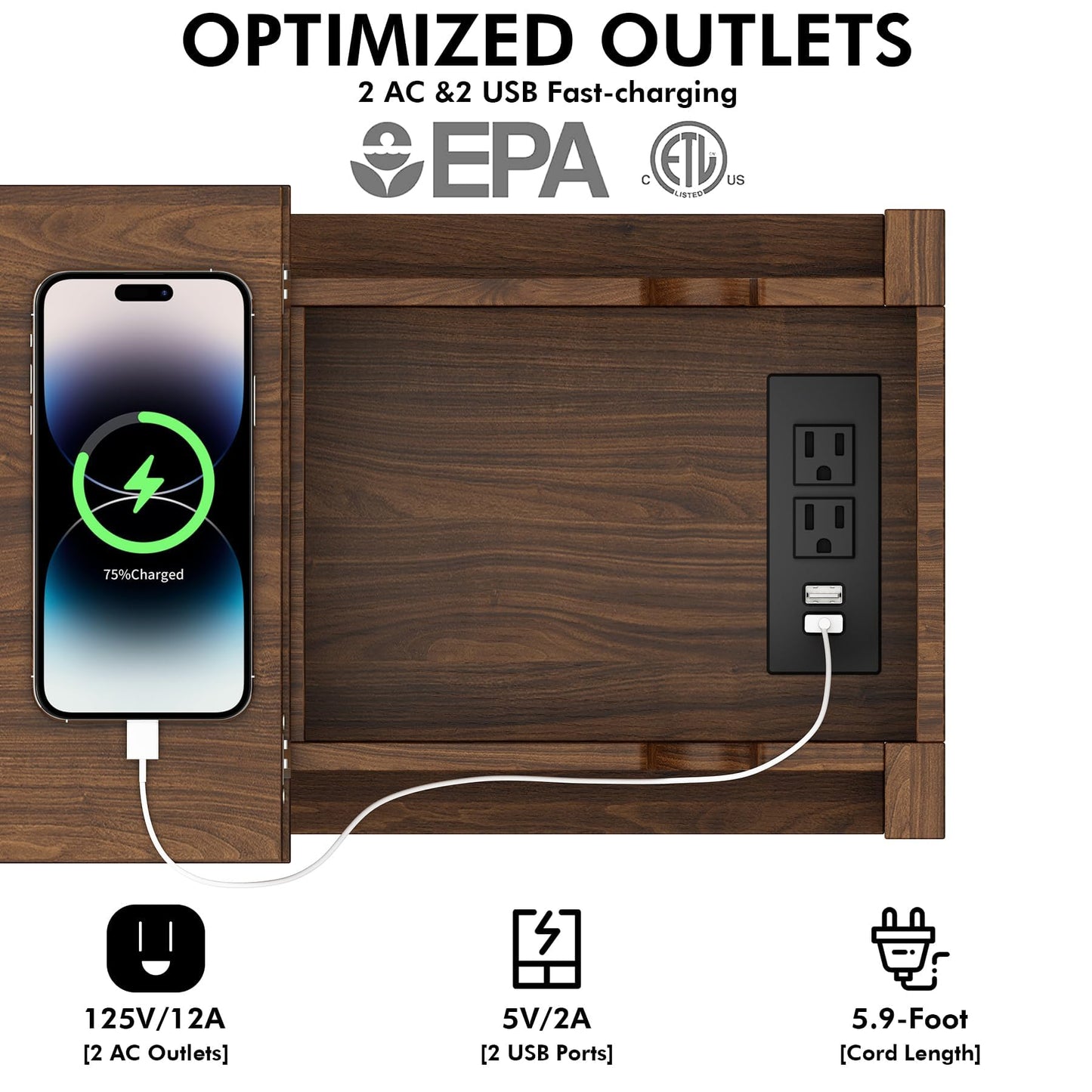 Awescuti Narrow End Table with Charging Station - Farmhouse Slim Side Table Set of 2, w/USB Ports Power Outlets, Nightstand w/Flip Top Storage Drawer, for Small Spaces Living Room Bedroom, Walnut