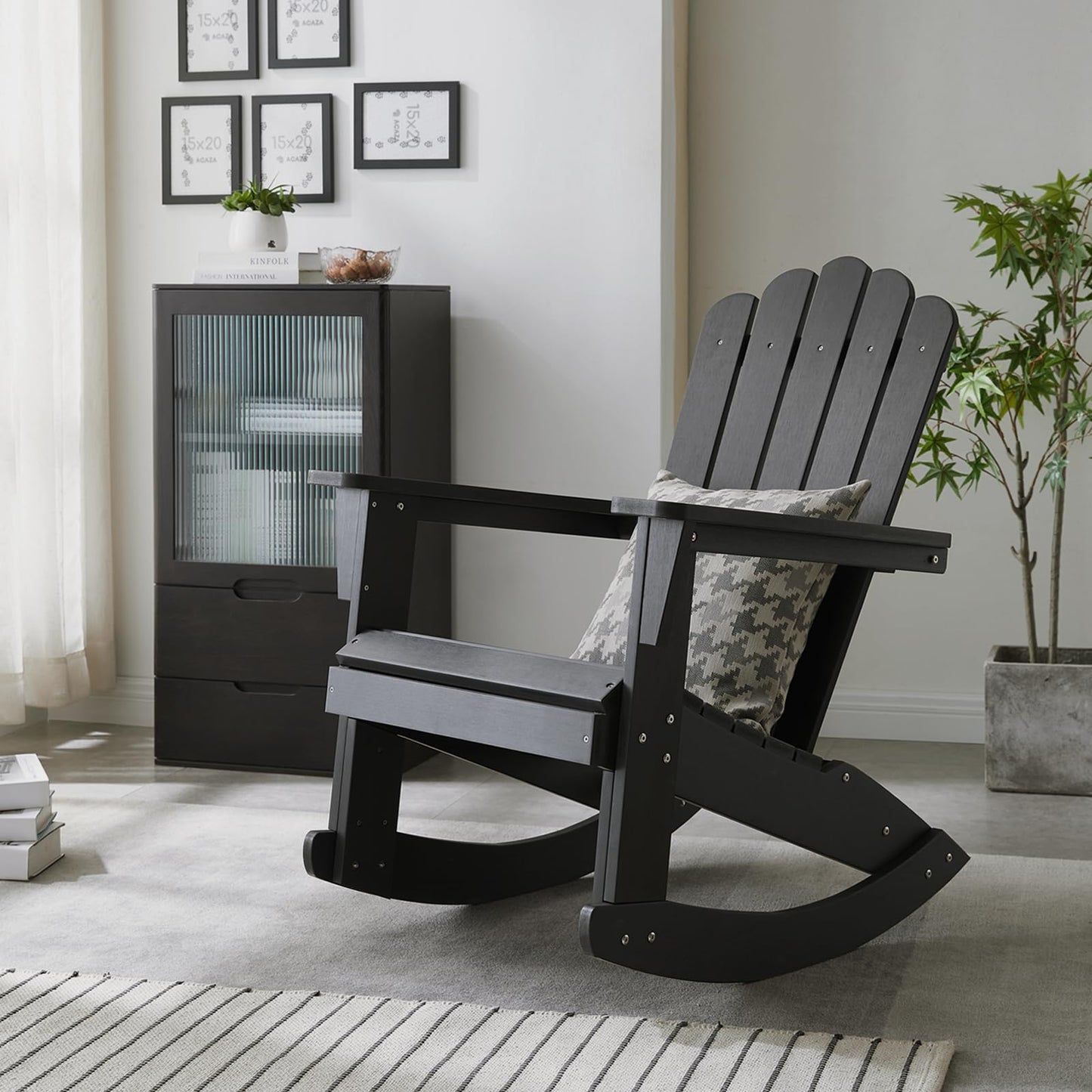 Psilvam Outdoor Adirondack Rocking Chair, Poly Lumber Porch Rocker with High Back, Patio Rocking Chair for Both Outdoor and Indoor (Black)