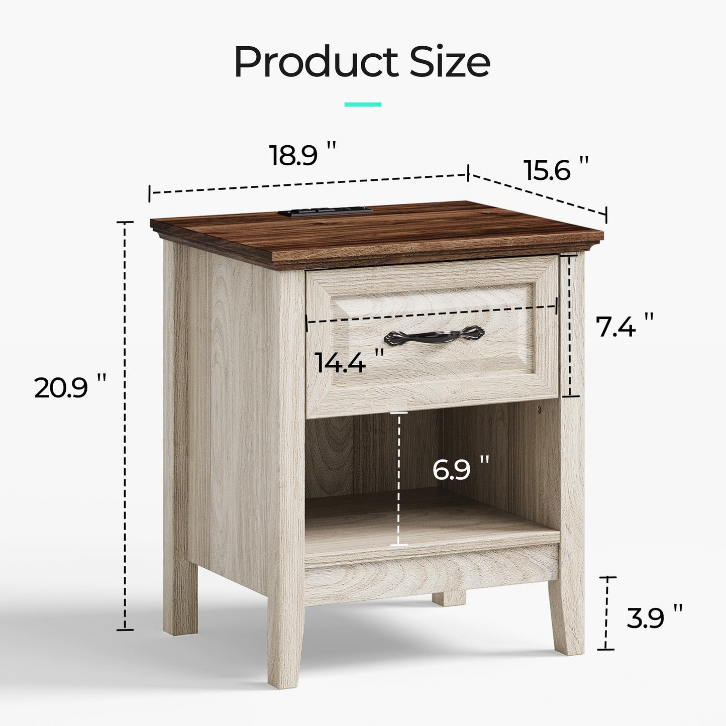 LINSY Night Stand Set of 2, 18.9" Farmhouse Wood NightStand with Type-C Charger &Open Storage Shelf Nightstands with Drawer, Side Table End Table for Bedroom Living Room Sofa Couch Office Beige