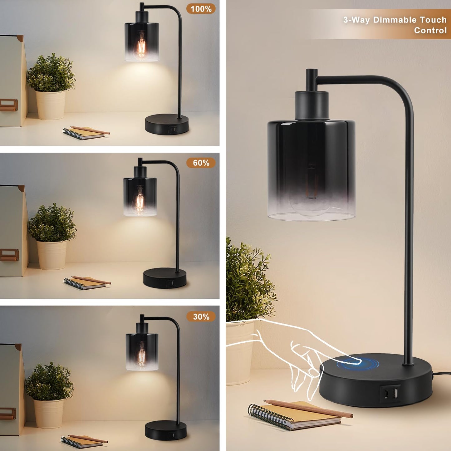 Modern Table Lamps for Bedroom Set of 2 with USB Ports, 3 Way Dimmable Touch Lamp for Night Stands, Industrial bedside lamp with charging station, Black Small Nightstand Lamp for Living Room End Table