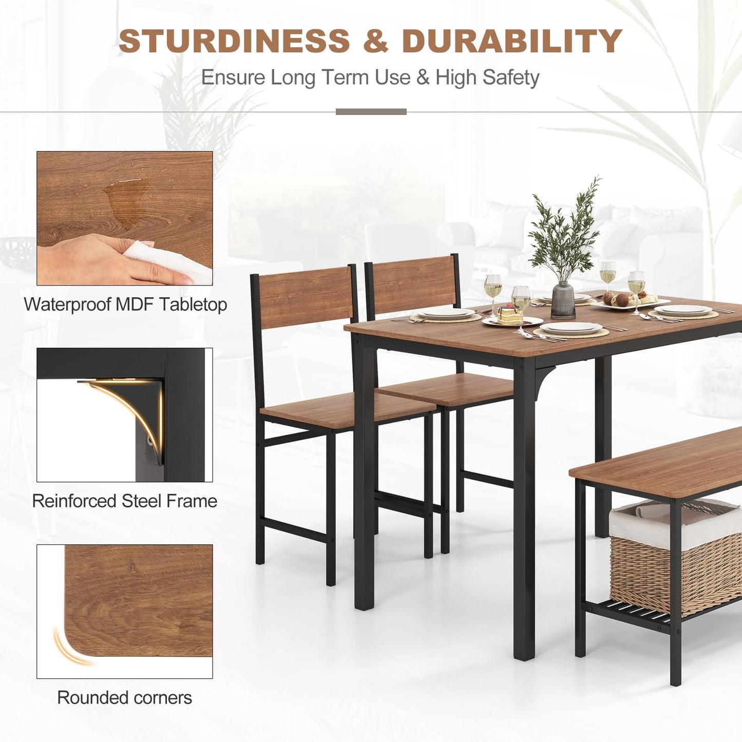 ReunionG Dining Table Set for 4, Modern Dinette with 1 Bench & 2 Chairs, Storage Shelf, 4-Piece Kitchen Table for Small Space, Apartment, Dining Room, Restaurant (Rustic Brown)