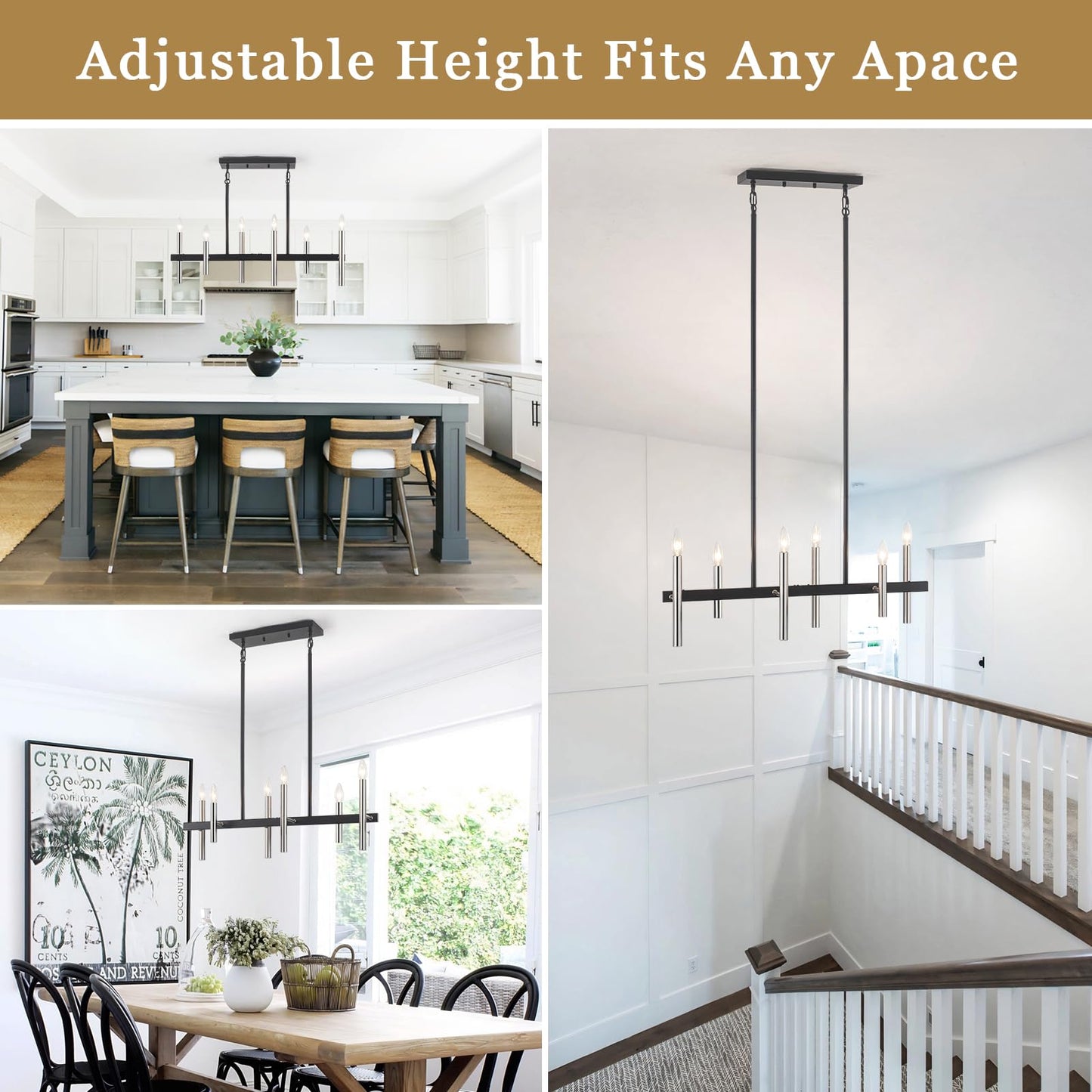 Modern Kitchen Island Pendant Light Fixtures 6-Light Black and Brushed Nickel Linear Chandeliers for Dining Room Chandelier Farmhouse Island Lights for Kitchen Table Living Room Bedroom Entryway