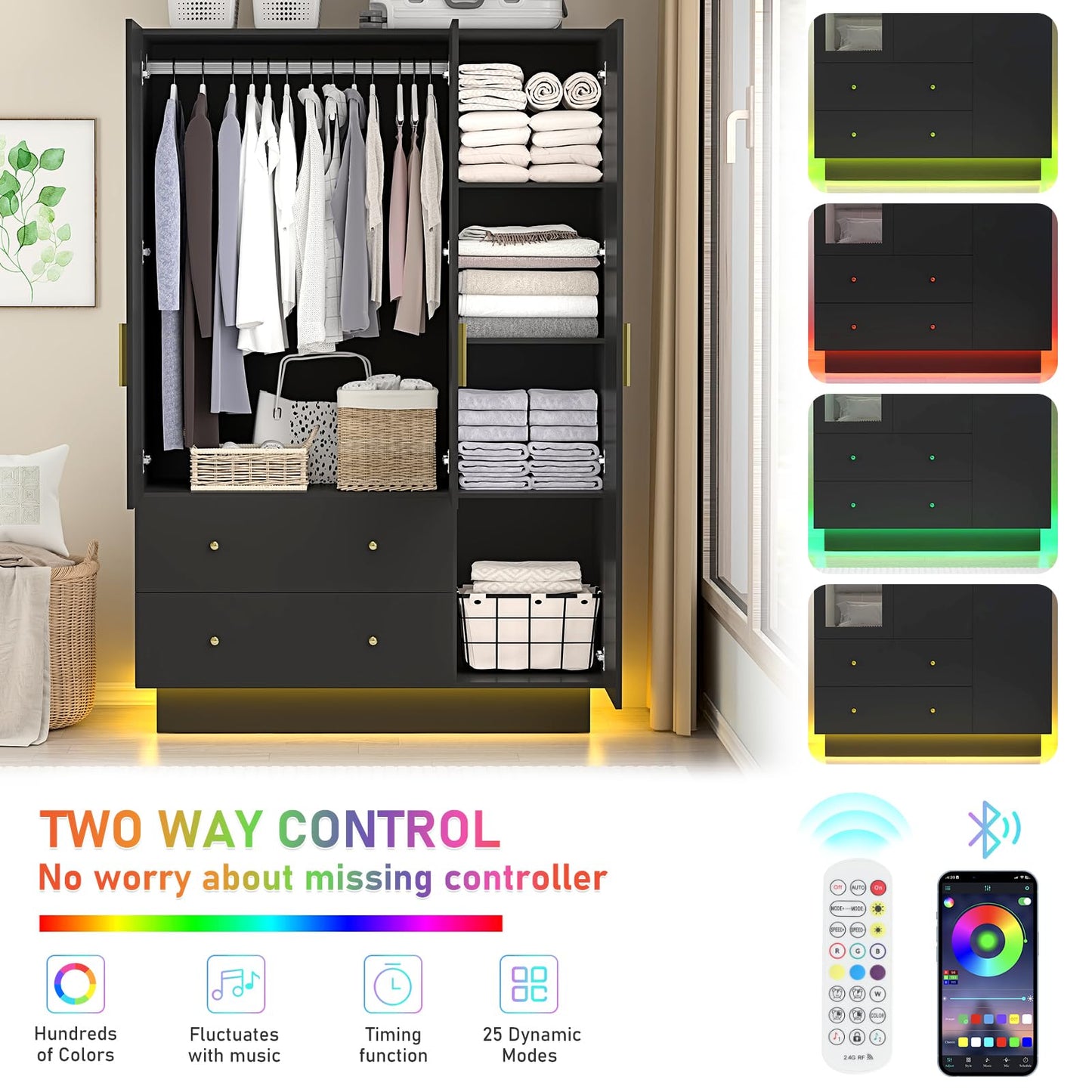 jiteentarou 3 Door Wardrobe Closet with Mirror and LED Lights, Bedroom Armoire with Drawers Shelves, Modern Wooden Armoire Wardrobe Closet with Hanging Rod for Bedroom, Black