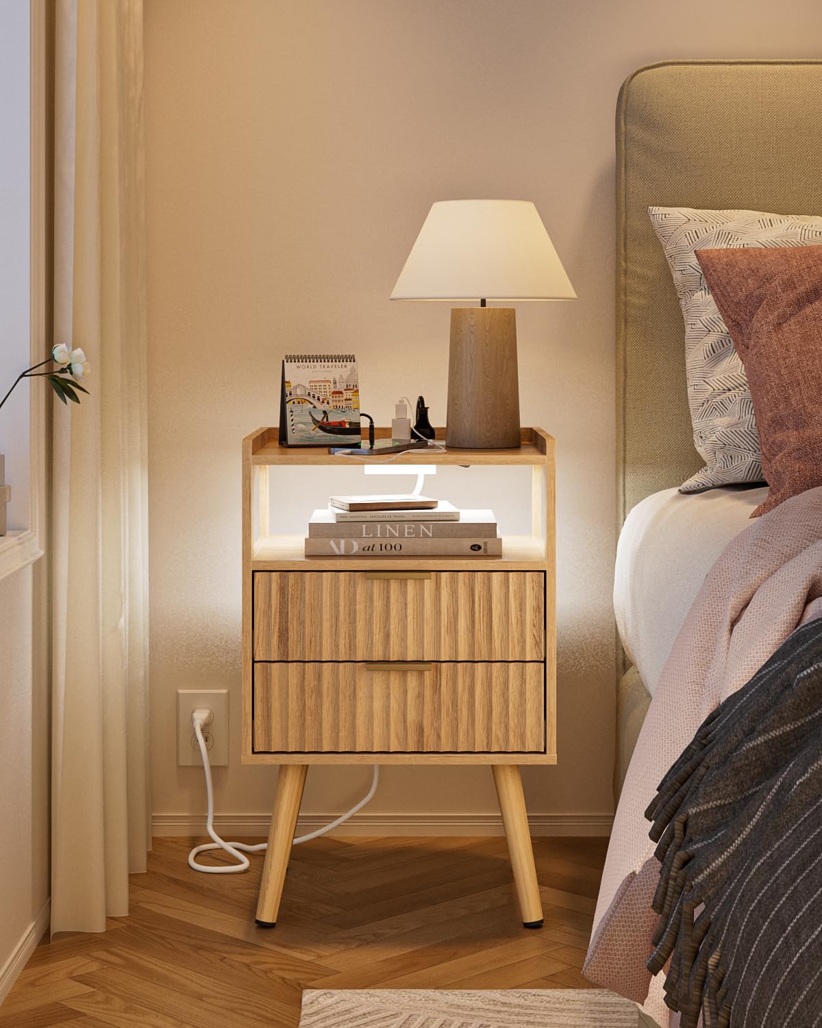 AEPOALUA Nightstand with Charging Station and LED Lights,Modern Bedside Table with 2Drawer and Open Shelf,Oak Night Stand with Solid Wood Legs,End Table for Living Room、Bedroom and Small Spaces