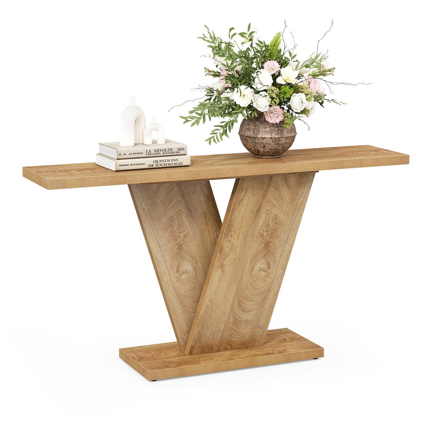 LITTLE TREE 63-Inch Console Table, V-Shaped Pedestal Side Table, Versatile Rectangular Farmhouse Sofa Table Entryway Console Table for Living Room, Hallway, Entrance, Brown