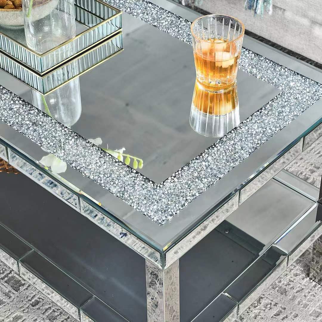 Olodumare Elegant 2 Tiers of Shiny Silver Mirrored Coffee Table, Crystals Inlay,and Stainless Steel Frame,Modern Rectangle Cocktail Table/End Table for Living Room and Kitchen, 39.5 Inches