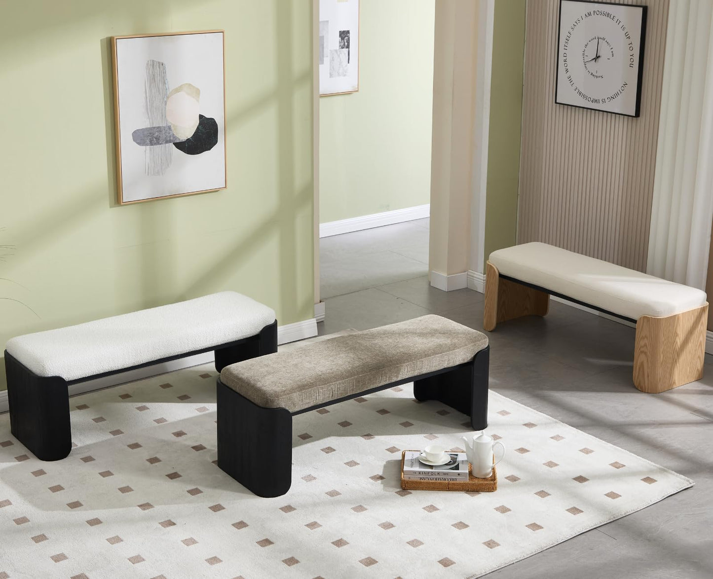 Shunzhi Modern Upholstered End of Bed Bench for Bedroom 49” Entryway Bench with Natural Wood Leg Window Ottoman Bench for Living Room/Bedroom/Hallway/Indoor, White Chenille