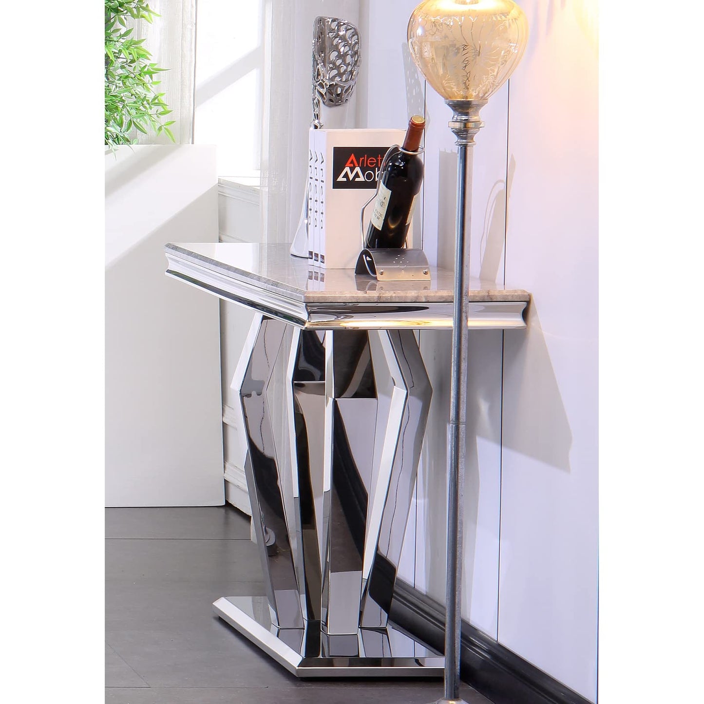 ACEDÉCOR Silver Console Table, Mirrored Sofa Table with Geometric Base, 50 inch Rectangular Grey Console Table for Entryway, Living Room, Office, Coffee Bar, Front Hall, Hallway