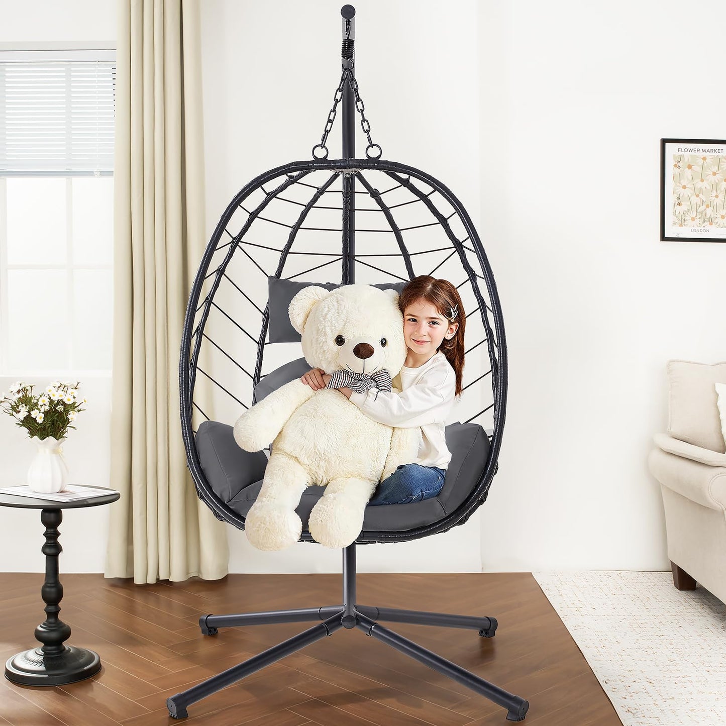 ONBRILL Hanging Egg Chair with Stand, Outdoor Indoor Egg Swing Chair with Cushion Headrest, Wicker Rattan Egg Chair with Dual Chains, 350LBS Capacity for Patio, Porch, Balcony, Bedroom (Dark Gray)