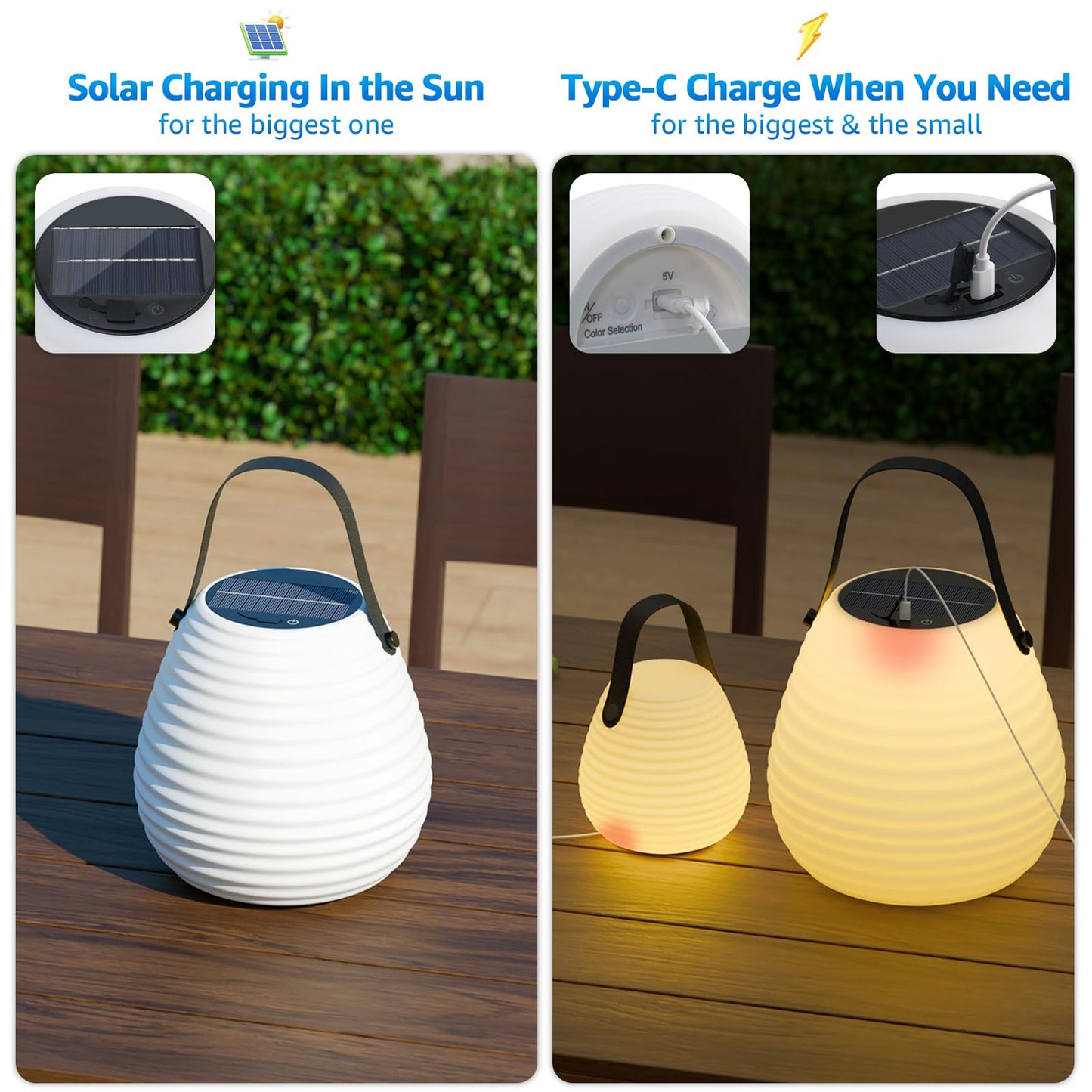 uuffoo 2 Pieces LED Rechargeable Solar Table Lamp Lantern LED Outdoor Cordless IP44 RGB and Warm White Dimmable for Patio Camping Restaurant Terrace