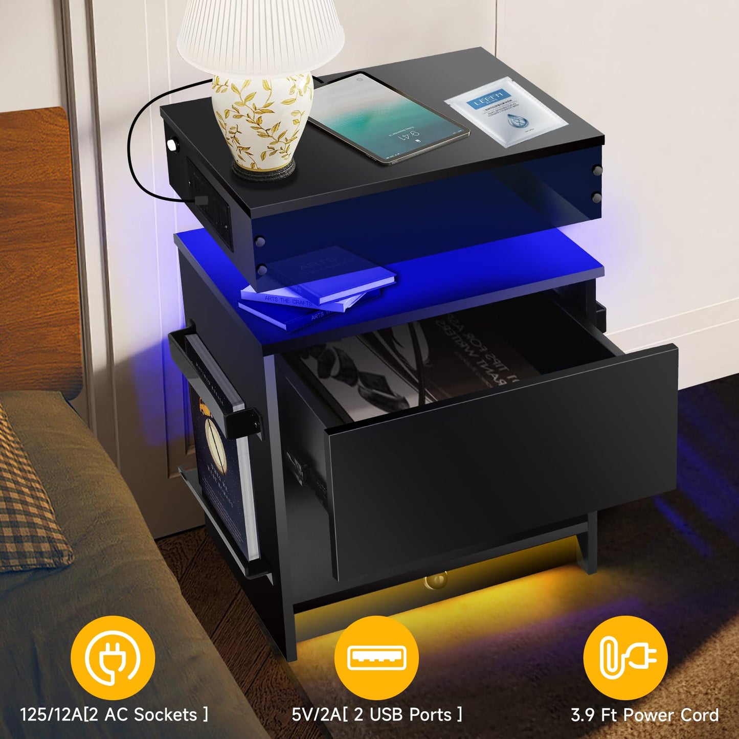 LAINELAND Nightstand Set 2,Nightstand with Charging Station,Induction Light and LED Light,Bedside Table with Drawers,Modern Nightstand End Side Table for Bedroom,Nightstands with Bookshelf,Black