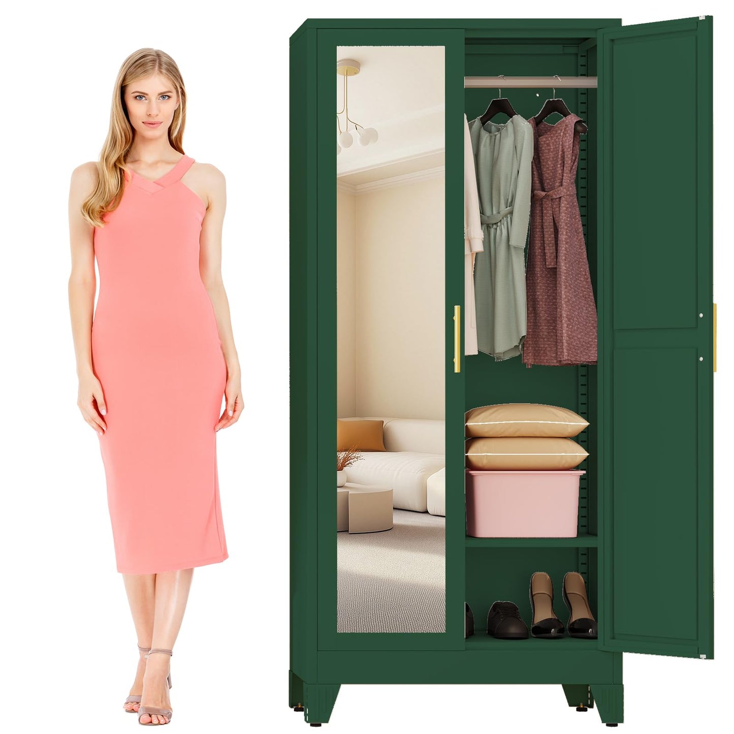 Metal Armoire Wardrobe Closet Storage Cabinet with Mirror, 71'' Wardrobe Cabinet with Hanging Rod Metal Closet with 2 Adjustable Shelves for Bedroom, Laundry Room, Cloak Room