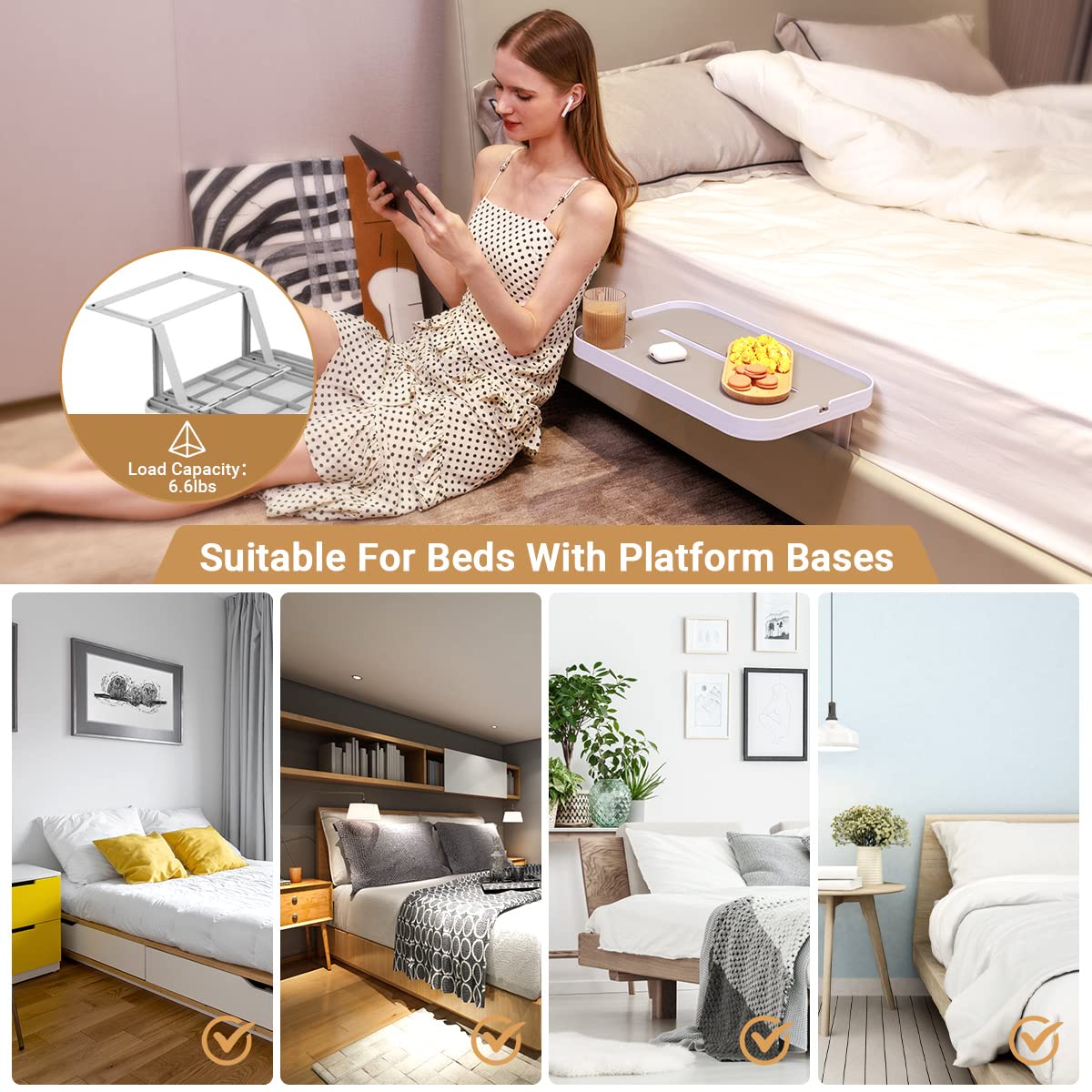 KIWIFOTOS Bedside Shelf for Bedside Storage Rack Removable Tray Bedside Table Nightstand Shelf for Bed Mattress (Insert into Mattress/L Shape)