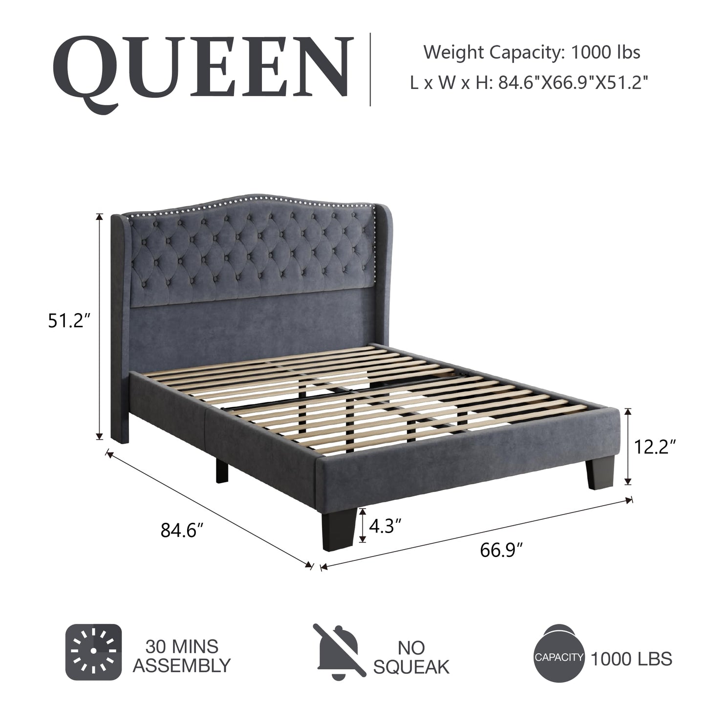 SwnftWinnt Queen Size Upholstered Bed Frame, Velvet Luxury Wingback Headback, Platform Bed with Deep Button Tufted & Nailhead Trim, No Box Spring Needed, Noise Free, Easy Assembly, Grey