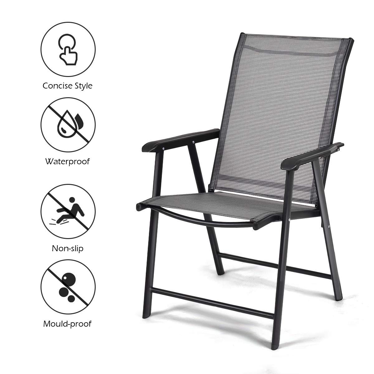Giantex Set of 4 Folding Patio Chairs, Outdoor Portable Dining Chairs for Garden Camping Poolside Beach Deck Lawn, 4-Pack Sling Armchairs, Metal Frame, Grey
