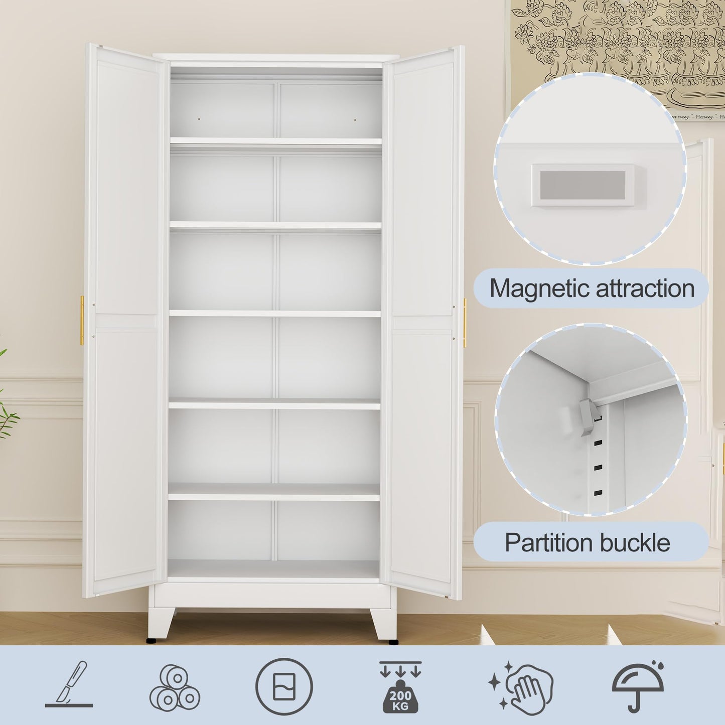 RISTERN White Metal Storage Cabinet,75" Steel Cabinets for Home Office, Kitchen Pantry Storage Cabinet with Doors and 5 Adjustable Shelves, Tool Cabinets, for Office, Home, Garage, School