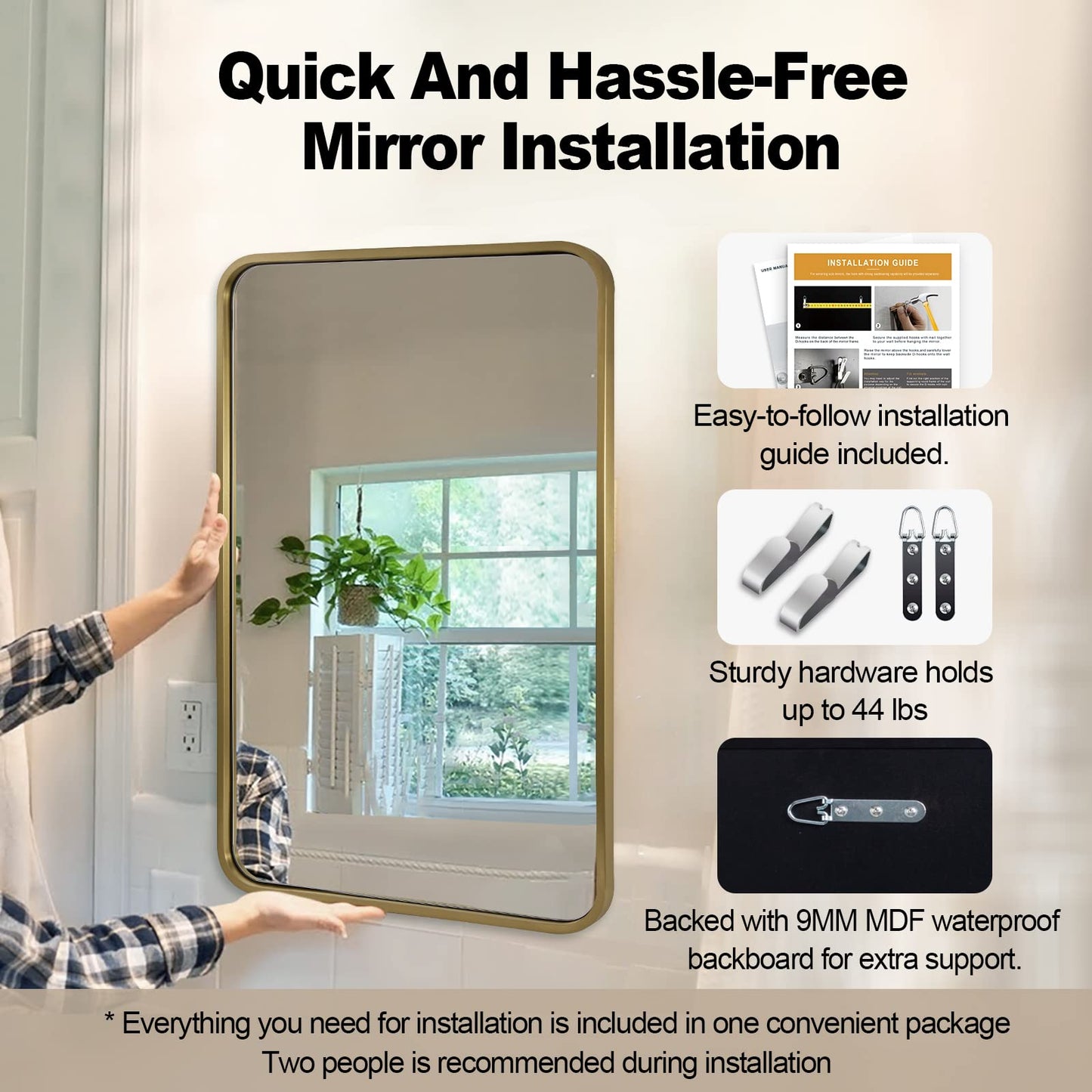 ANDY STAR Brushed Gold Mirrors for Bathroom, 24x36’’ Rounded Rectangle Mirror, Modern Brass Bathroom Vanity Mirror Non-Rusting Metal Tube Framed 1’’ Deep Wall-Mounted Mirrors Vertical/Horizontal