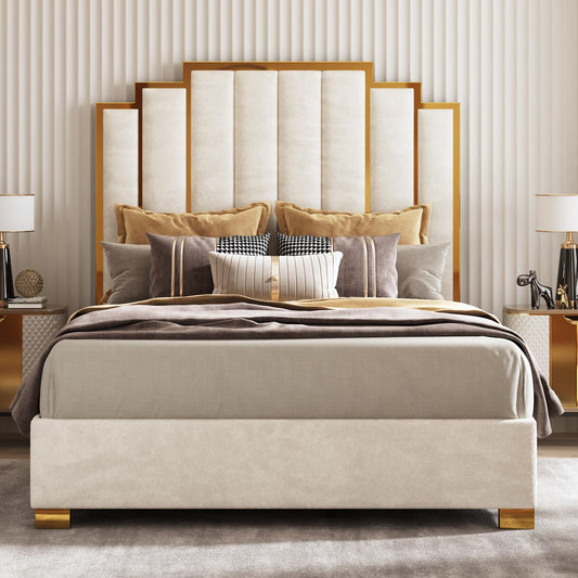 AMERLIFE Queen Size Upholstered Bed, Modern Velvet Bed Frame with 61.4” Tall Gold Trim Headboard, No Box Spring Needed, Cream