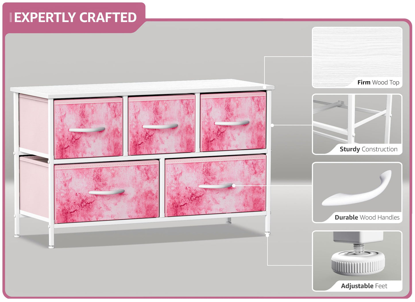Sorbus Kids Dresser with 5 Drawers - Storage Chest Organizer Unit with Steel Frame, Wood Top, Easy Pull Fabric Bins - Long Wide TV Stand for Bedroom Furniture, Hallway, Closet & Office Organization
