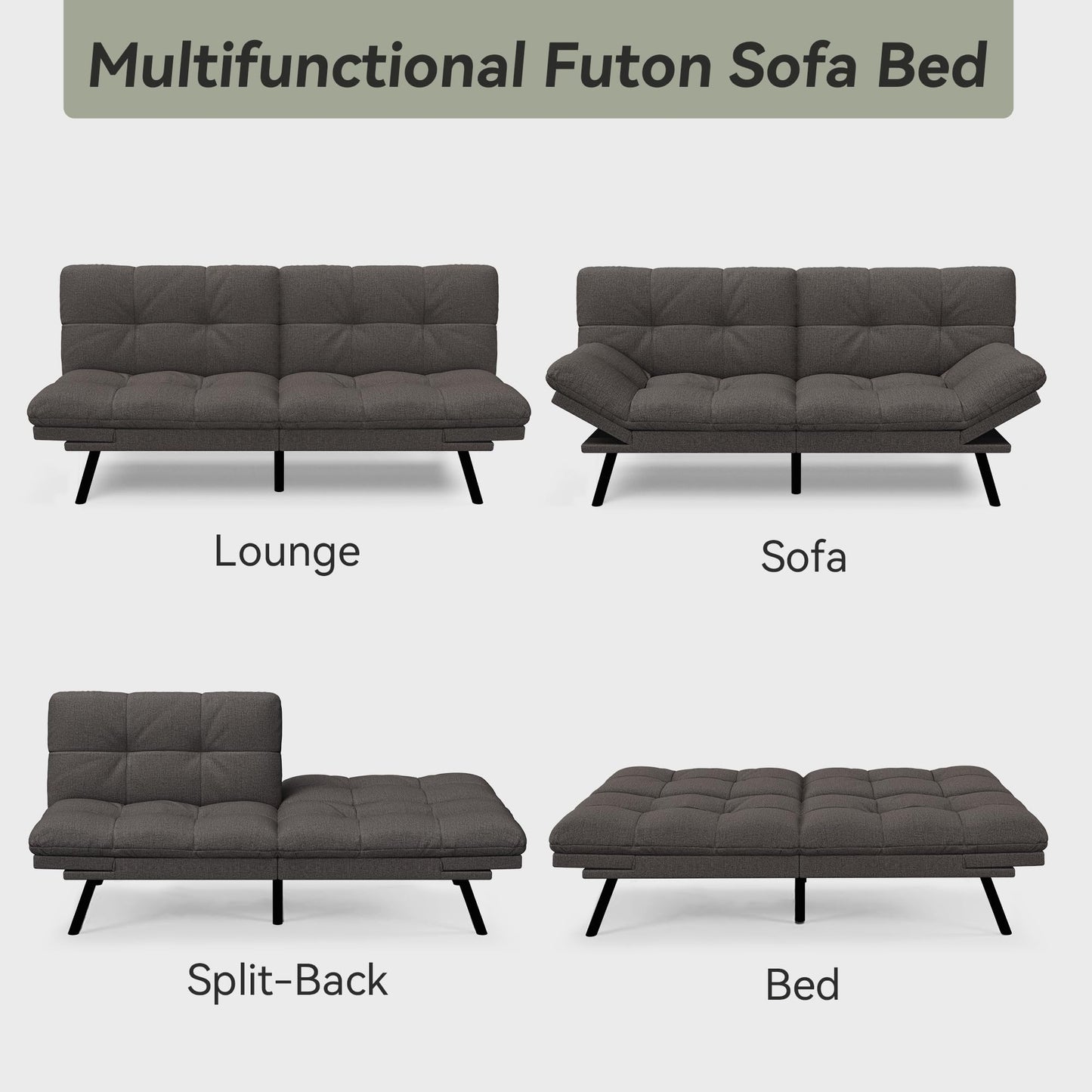 AMICLIBER Convertible Futon Sofa Bed,71" Memory Foam Futon Couch,Detachable Cushion,Adjustable Backrest & Armrest,Linen Modern Loveseat Sleeper Recliner for Living Room,Office,Apartment,Classic Grey