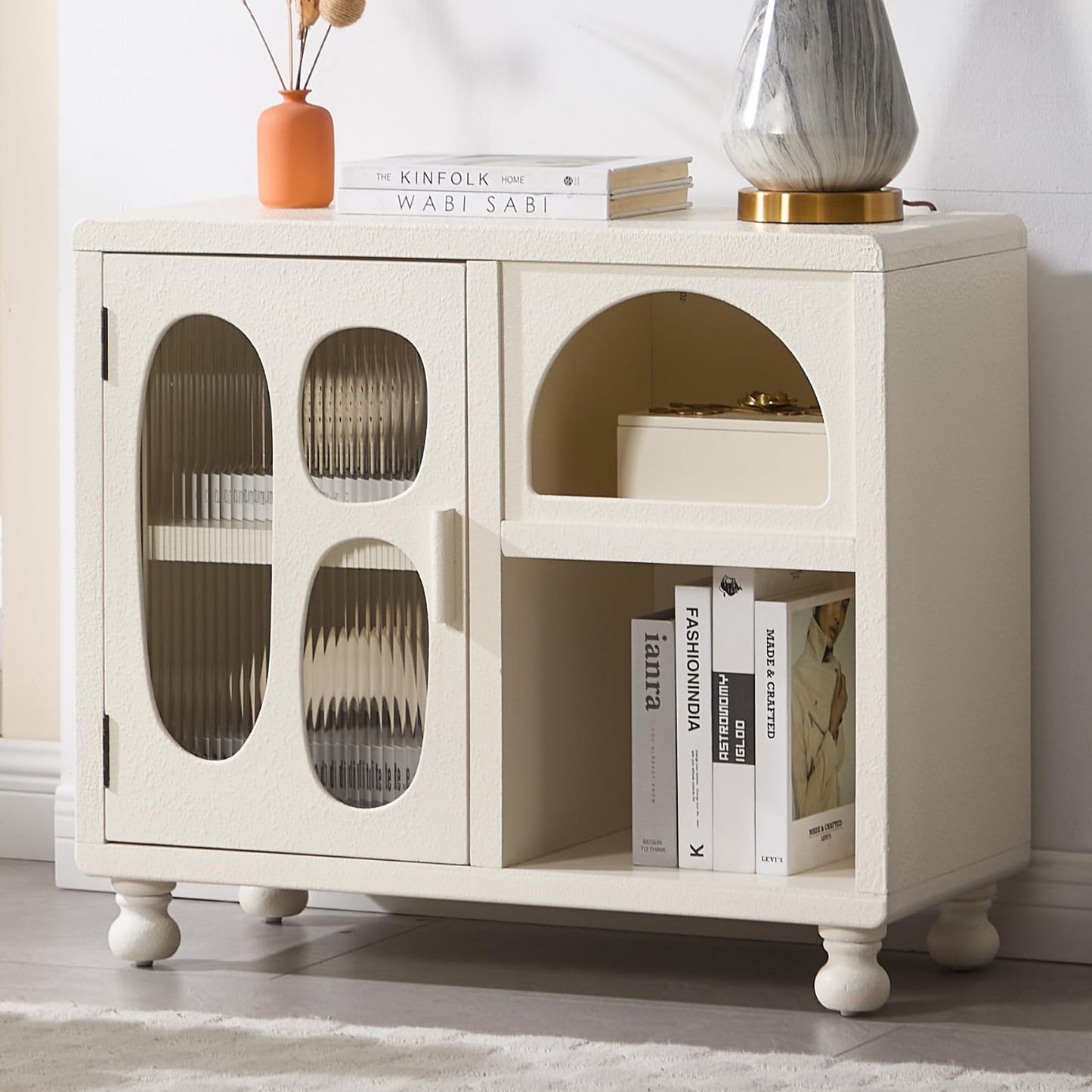 DUOMAY Hollow Display Cabinet with Glass Doors, 31.5" Wide Shallow Sideboard with Irregular Door & 1 Shelve Accent Wood Buffet Cabinet with Storage for Hallway Small Spaces, White