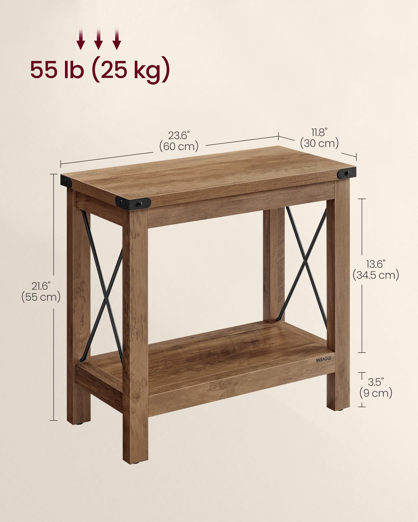 VASAGLE 2-Tier End Table, Side Table with Bottom Shelf, Nightstand for Small Spaces, for Living Room, Bedroom, Farmhouse Style, Honey Brown ULET235K41