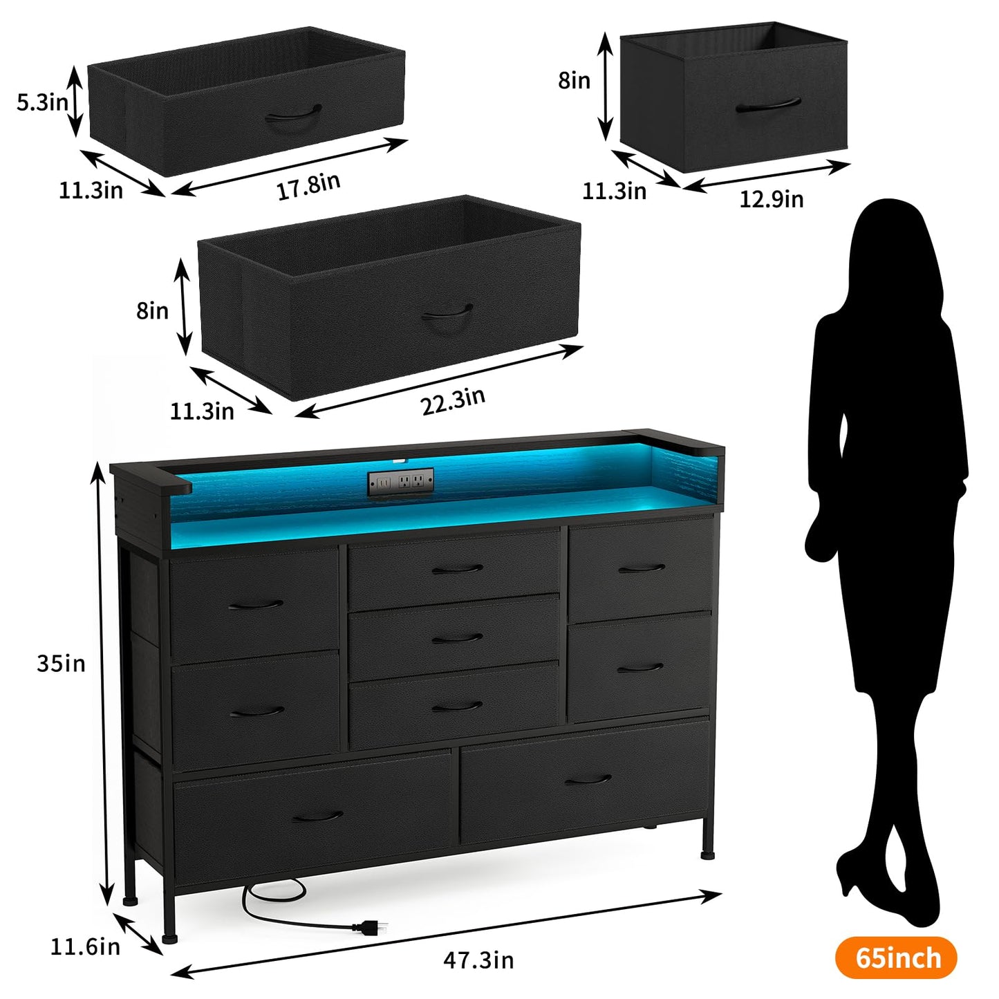Fixwal Black Dresser for Bedroom with 9 Storage Drawers and Charging Station, Fabric Chest of Drawers for Kid Room, Entryway, Boy Bedroom