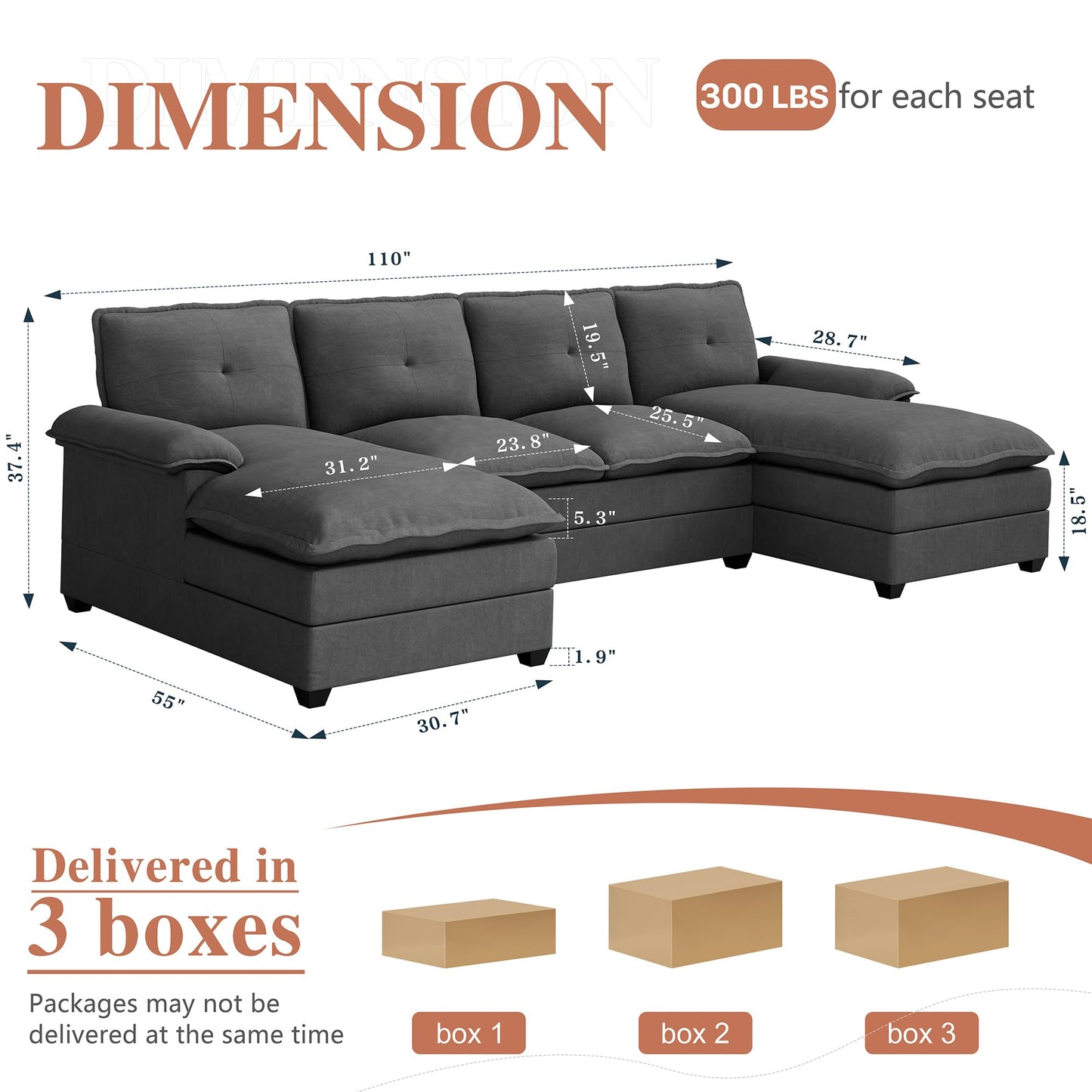 Meilocar 110“ Sectional Couches for Living Room, U-Shaped Sofa Couch with Double Chaise, Cloud Couch Sectional Sofas 4 Seat Sofa Set for Living Room, Black