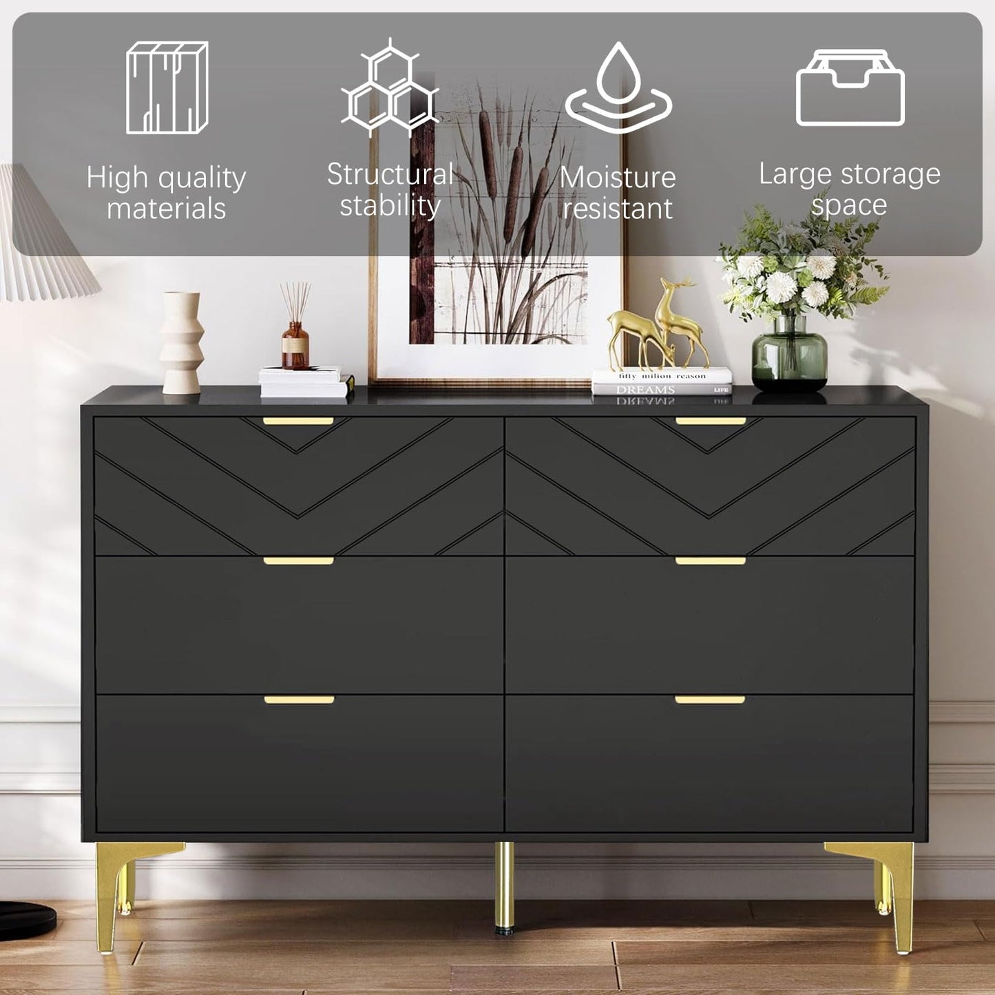 MAIYORIAT 6 Drawers Dresser for Bedroom, Modern Black Chest of Drawers Storage Chest Double Dresser Horizontal Dressers for Bedroom, Living Room, Entryway, Large Capacity (Black)