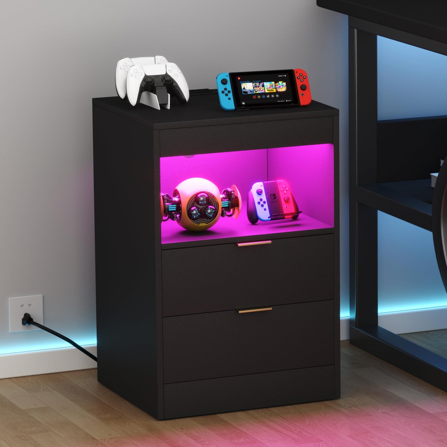 Yusong Night Stand with Gun Drawer & Invisible Lock, Bedside Table, LED Nightstand with Charging Station, Modern Night Stand, Wood Sofa Couch End Side Table with 2 Pull-Out Shelf, Black