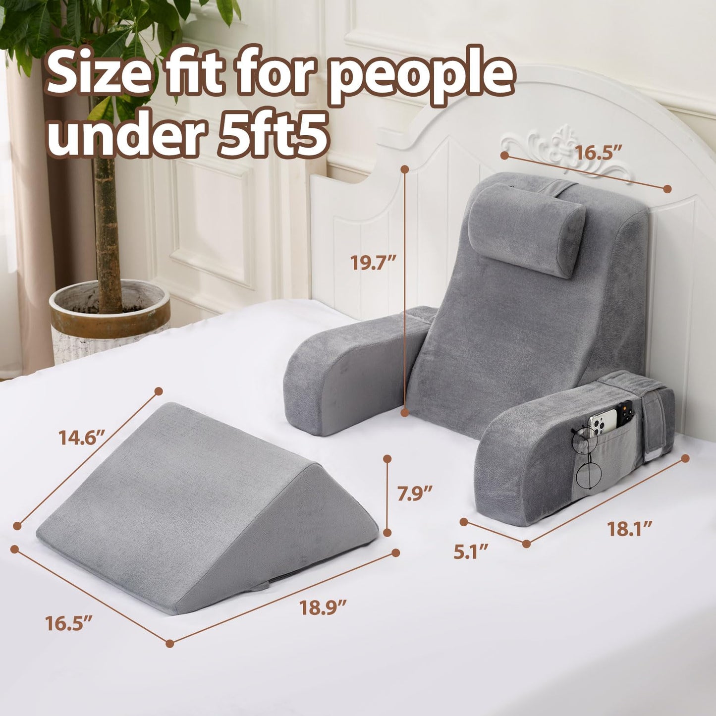 NIAOMAOGOU Reading Pillow for Sitting in Bed Adult, Back Pillow for Sitting Up in Bed with Arm Rest and Knee Rest, Suitable for Gaming,Watching TV on Floor, 19in 5Pcs, Grey
