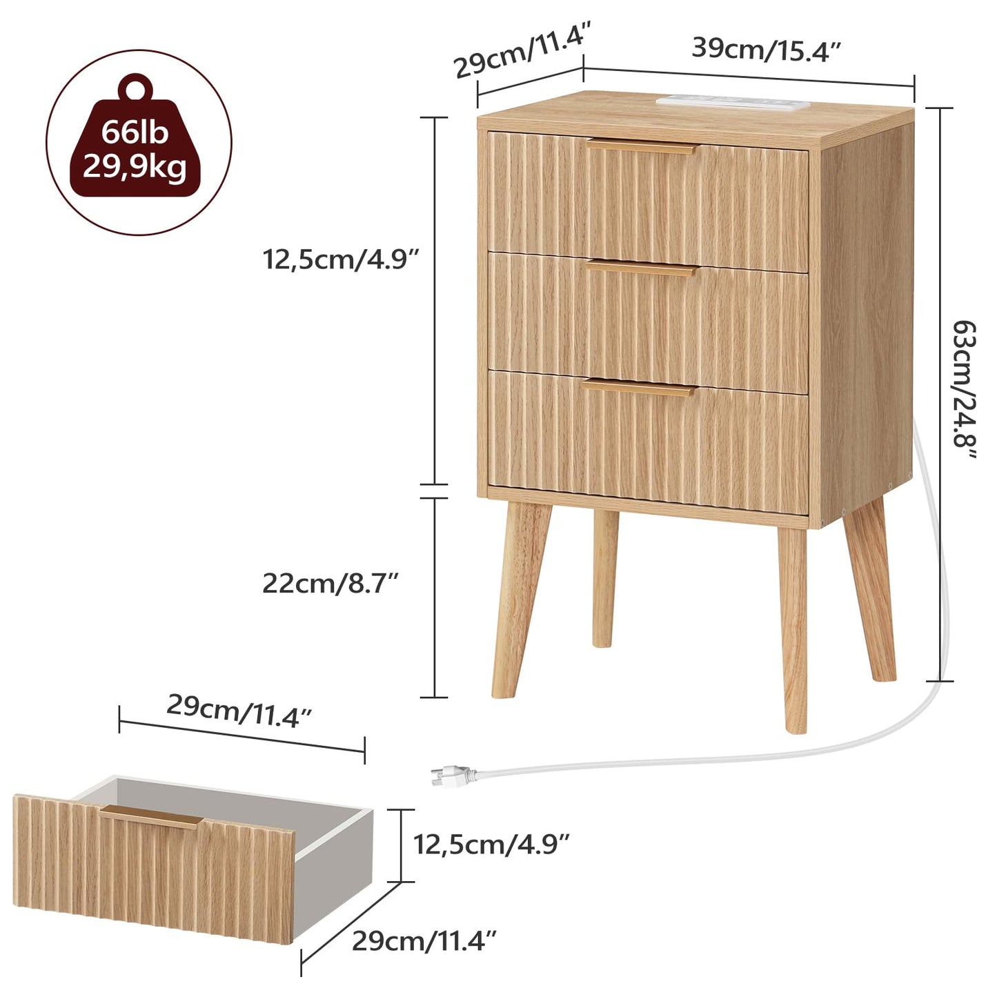 MAHANCRIS End Table, Fluted Night Stand, Modern Side Table with Charging Station, Bedside Table with 3 Drawers, Mid Century Nightstand, for Living Room, Bedroom, Study, Office, Natural ETNA64E01