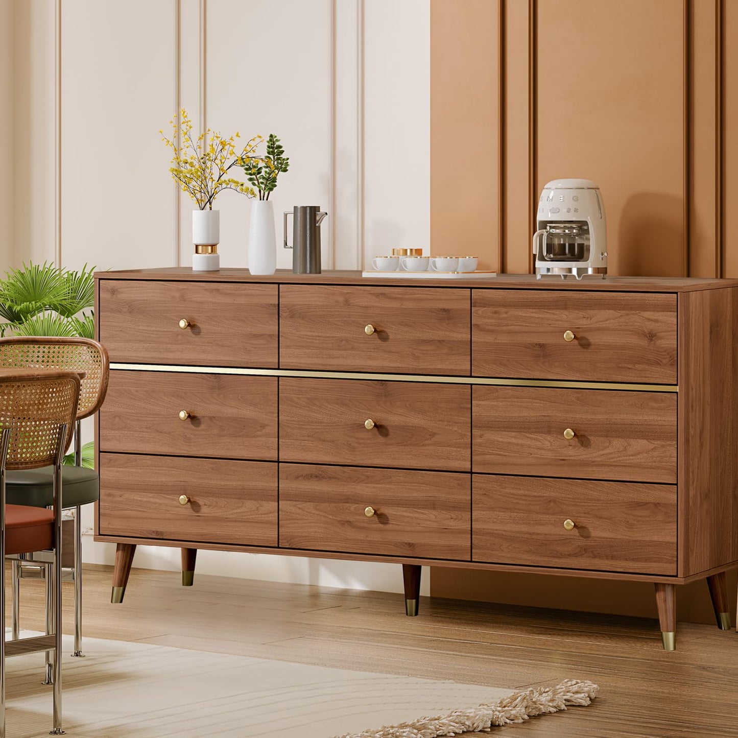 Chrangmay 9 Drawer Dresser,63" Wide Mid Century Modern Chest of Drawers,Wooden Bedroom Drawer Dresser with 9 Storage Drawers for Bedroom, Living Room,with Anti-Tipping Device,Umber