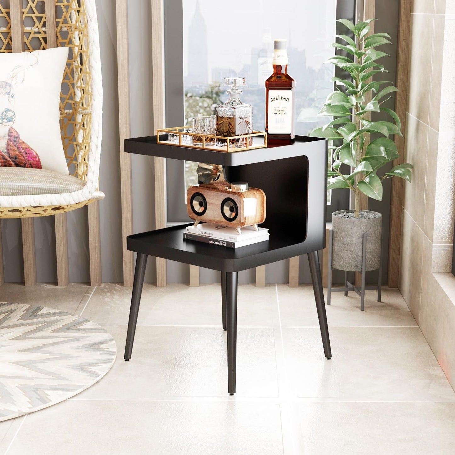 BAOGELIYA Black Modern Side Table, 2 Tier Small End Tables Bedroom, Metal Side Tables Living Room with 4 Legs, Black Nightstand Square Accent Table for Indoor Outdoor, Easy Assembly