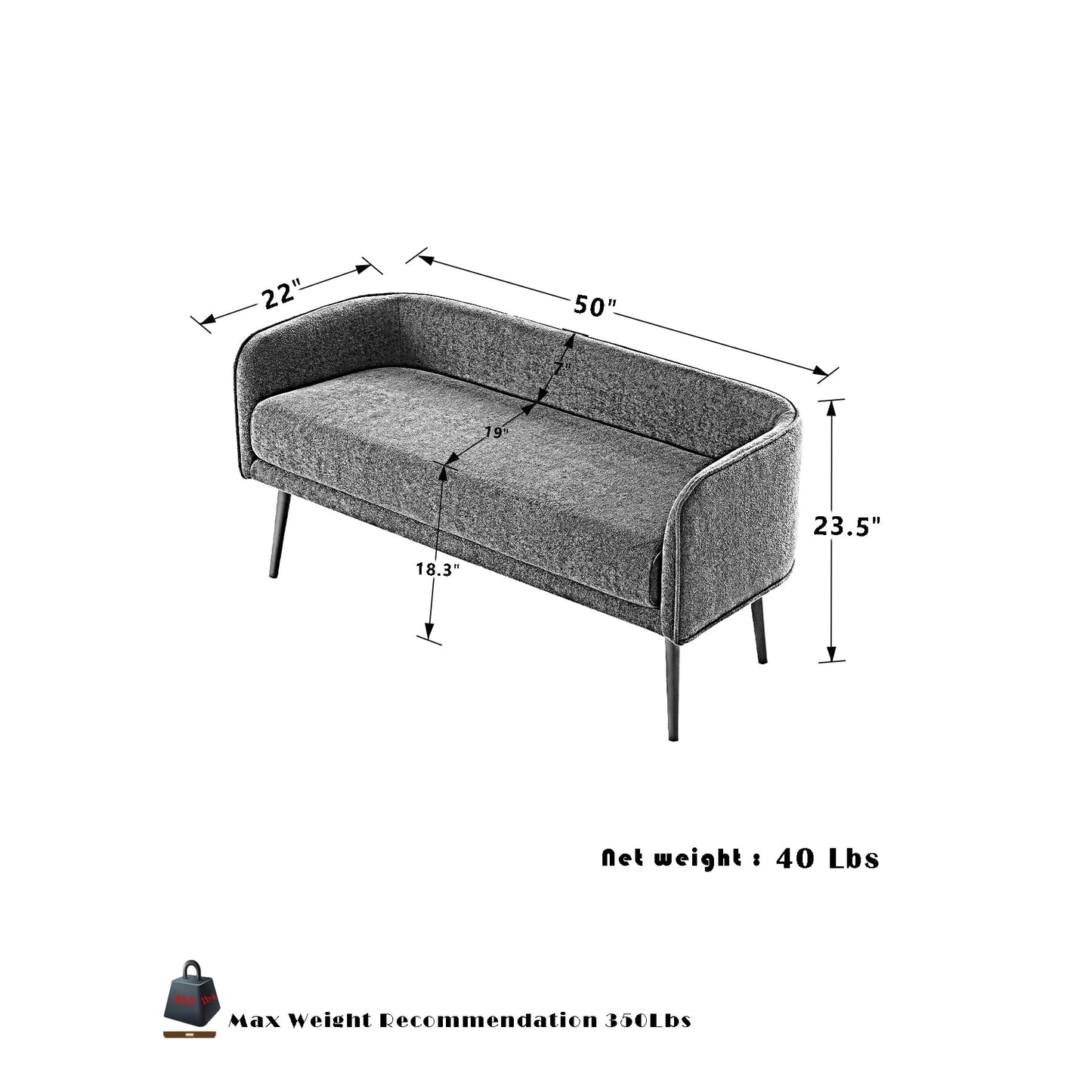 Forshare Bedroom Bench and Entryway Bench with Low backrest and armrests, Yellow Fabric,Inside Sturdy Metal Frame