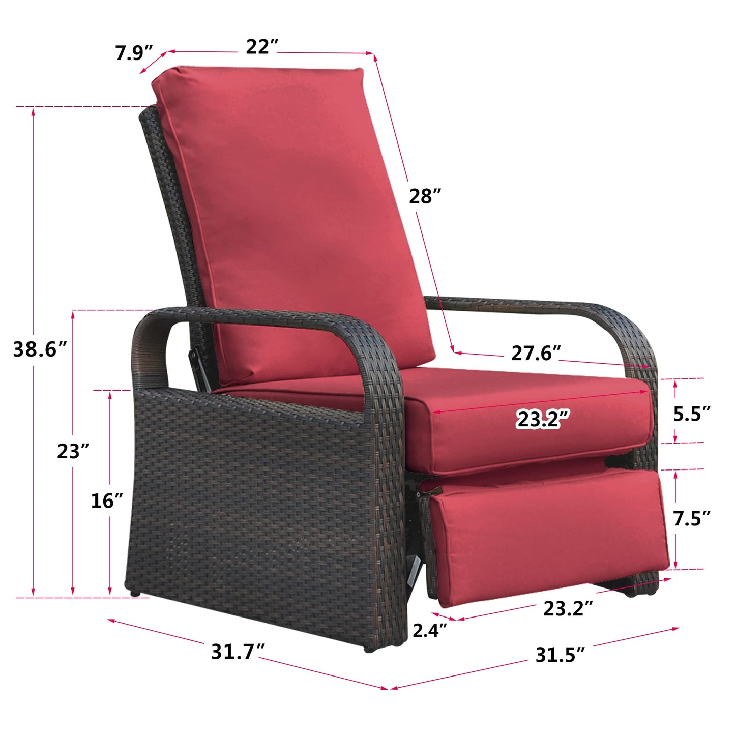 Babylon Dual-use Indoor/Outdoor Wicker Adjustable Recliner Chair, Patio Relaxing Lounge Rattan Armchair with Cushions (Brown Wicker+red Cushion)