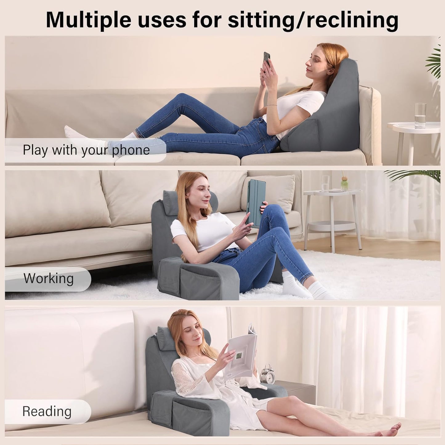 ENITYA Reading Pillow for Sitting in Bed Adult, 19" Back Pillow for Bed Sitting up, Backrest Cushion for Reclining/Reading/Gaming/Resting/Watching TV, Bedrest, Couch or Floor, Medium(Grey)
