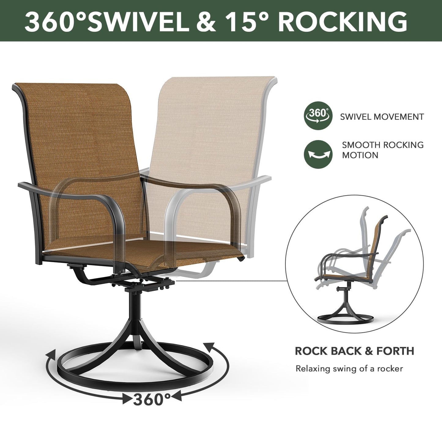 Anmutig Patio Swivel Dining Chairs Set of 2, Outdoor Swivel Chairs High Back with All Weather Textilene Metal Rocking Frame for Lawn Garden Backyard