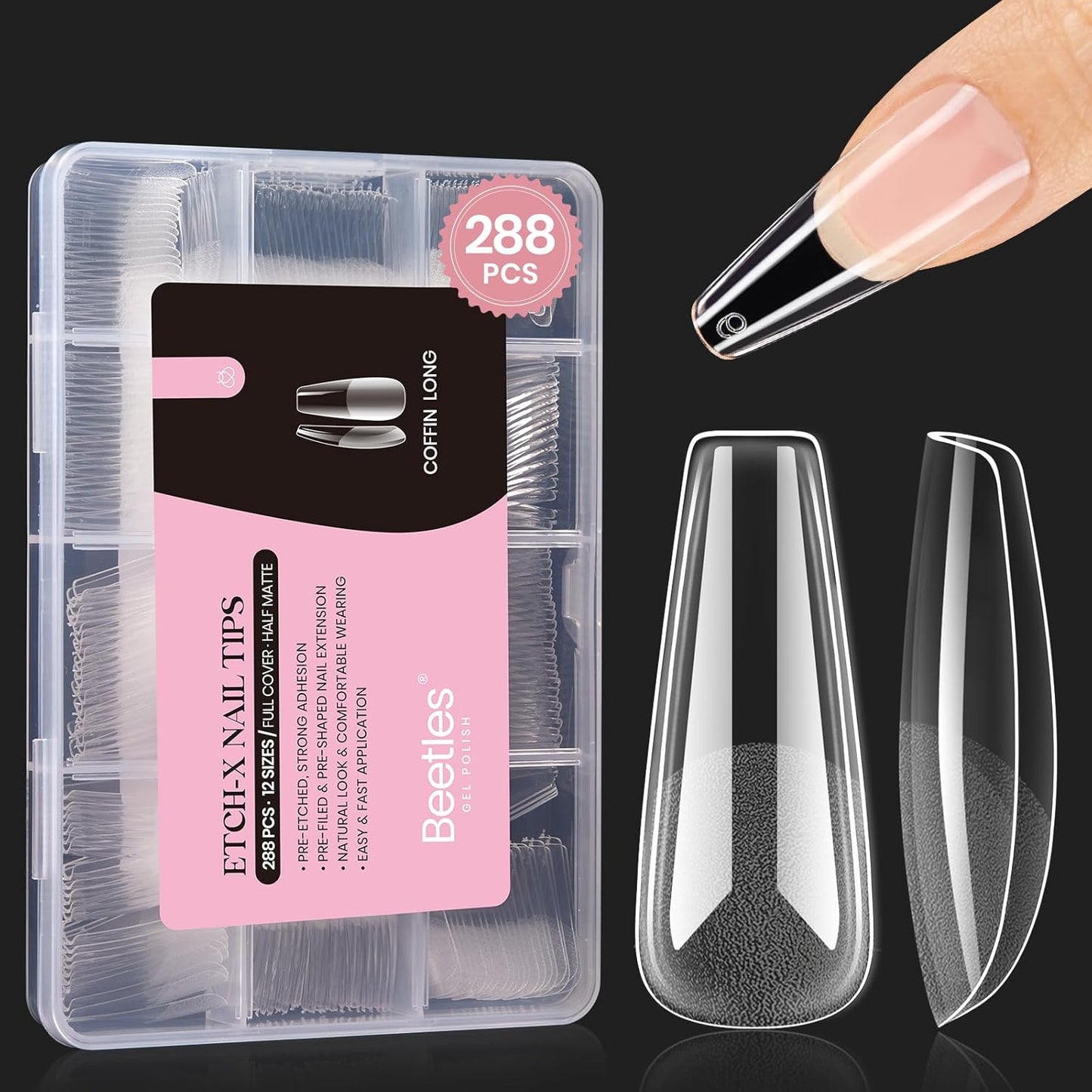 Beetles Coffin Long Gel Nail Tips –Pre-Etched Half Matte Full Cover, 288 Pieces, Pre-Shaped in 12 Sizes for Press-On Extensions
