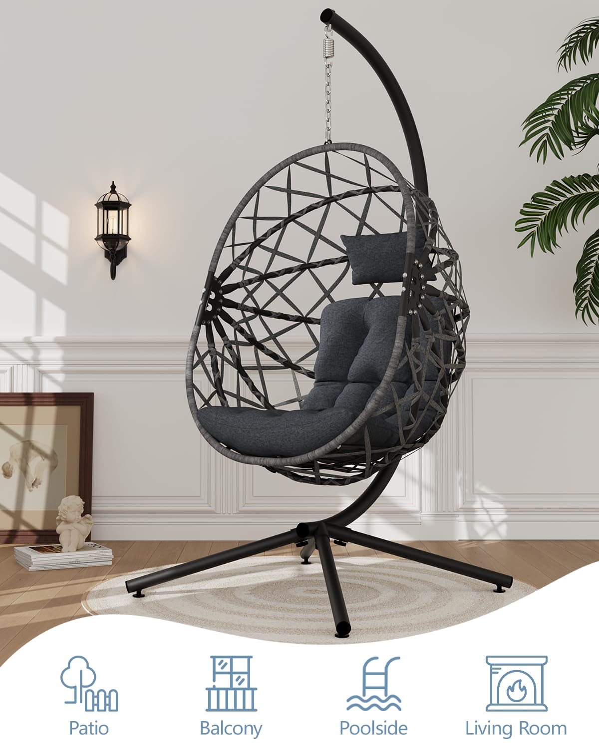SWITTE Hanging Egg Chair with Stand, Outdoor & Indoor Wicker Egg Swing Chair with Cushion, 400LBS Capacity for Patio, Bedroom & Garden - Dark Grey