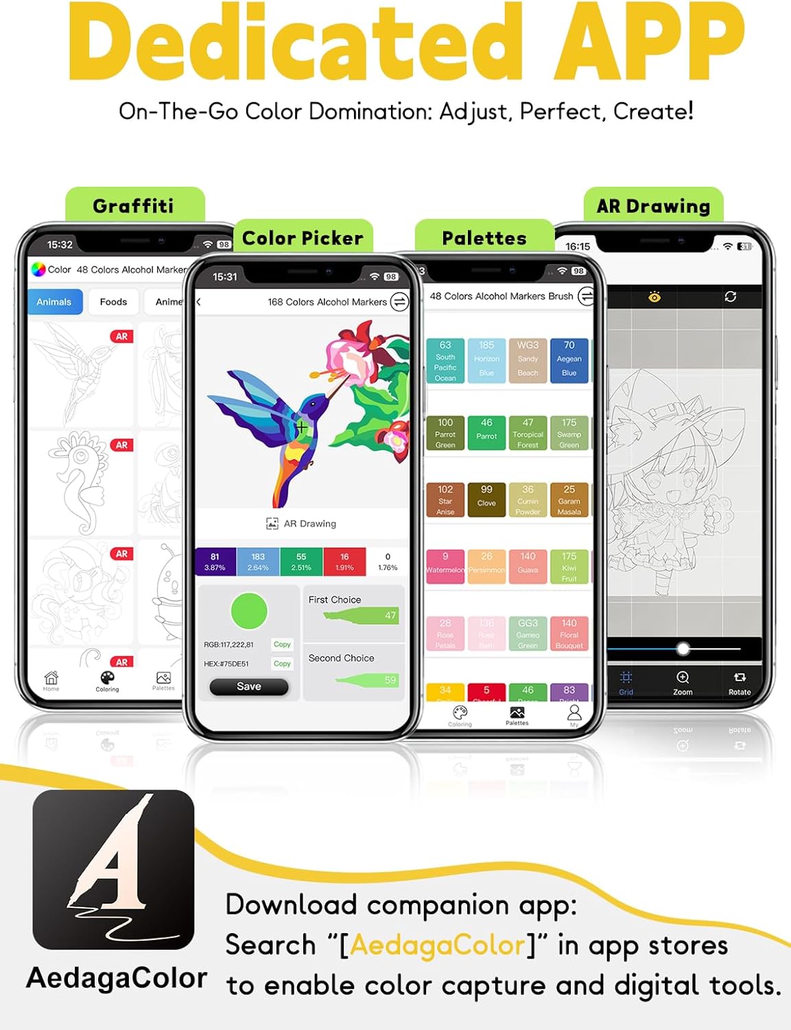 YHC 48 Colors Alcohol Brush Marker with Free App,Dual Tips Art Markers for Adults and Kids, Alcohol Based Brush & Chisel Tips Markers for Drawing, Coloring, Painting, Sketching